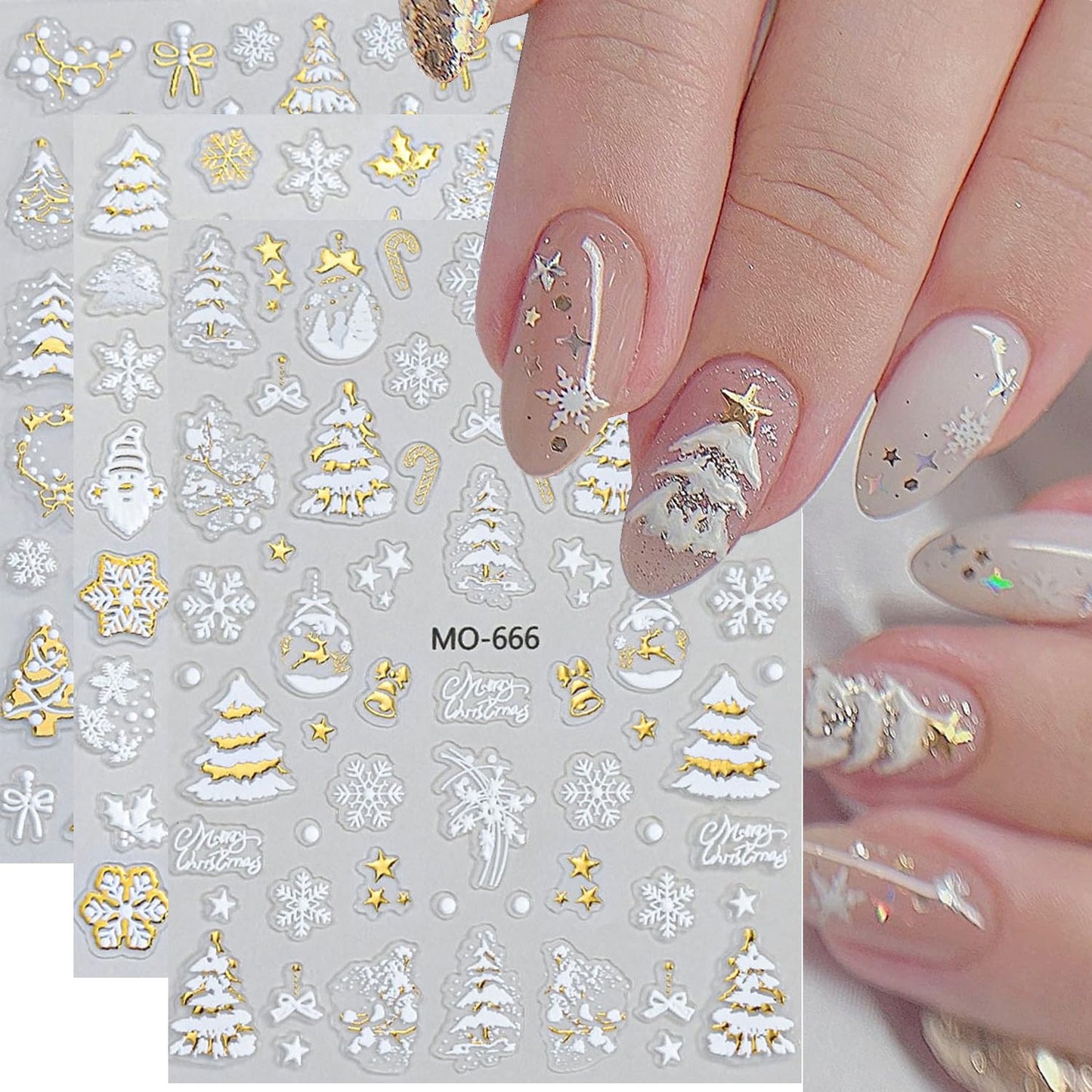 3Pcs 3D White Christmas Nail Stickers Embossed Nail Decals with Gold Glitter Xmas Tree Snowman Snowflakes Elk Design Winter Xmas Nail Art Decoration Supplies Holiday Nail Sticker for Women