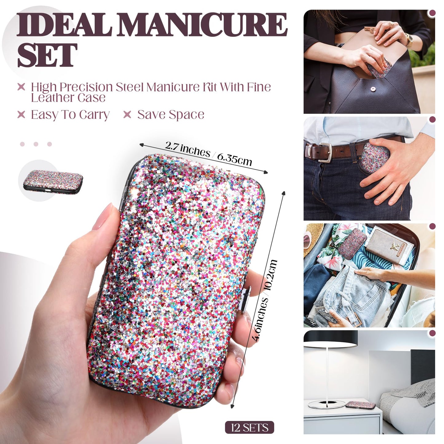 Geosar 12 Set 8 in 1 Manicure Gifts for Mothers Day Bulk Stainless Steel Nail Clippers Kit Pedicure Care Tools with Leather Case Travel Grooming Kit Gift for Women Men Hands Foot(Glitter Candy Color)