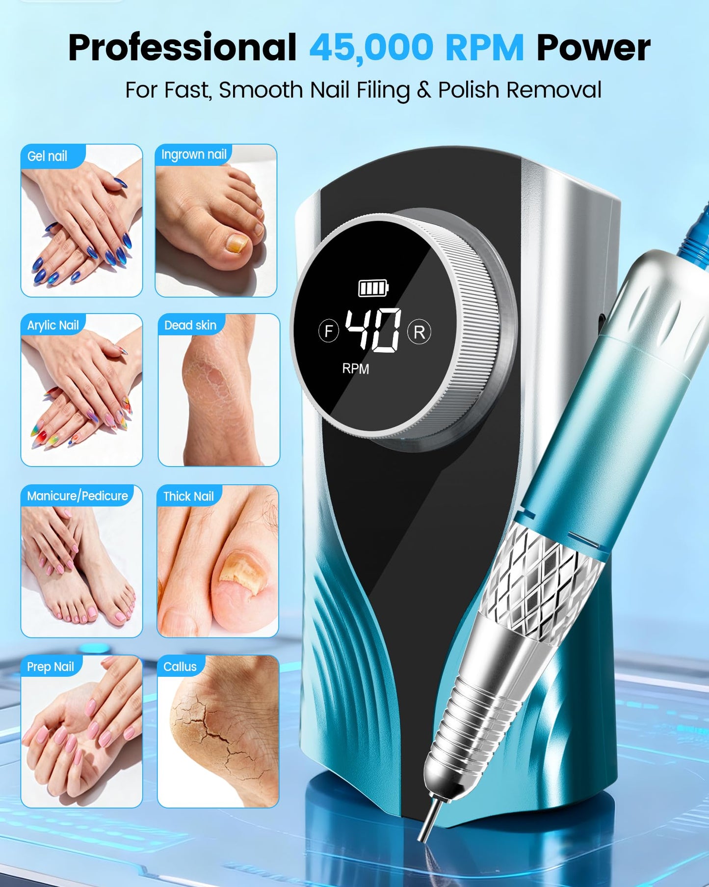 Nail Filer Electric Nail Drill Professional, Kisufu 45000 RPM Rechargeable Efile Nail Drill Kit with Smart Led, 3600mAh, Portable Nail Grinder for Salon Home Use, Women's Day Gifts (Blue).