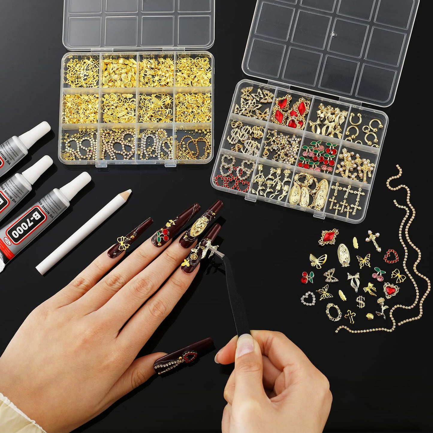 LERBOU Gold Nail Charms and Gems Set, 4 Boxes DIY Nail Decorations Kit, Gold 3D Cross Flowers Nail Art Charms, Champagne Rhinestones Gems Charms Y2K for Nails, Cool Punk Style Nail Charms