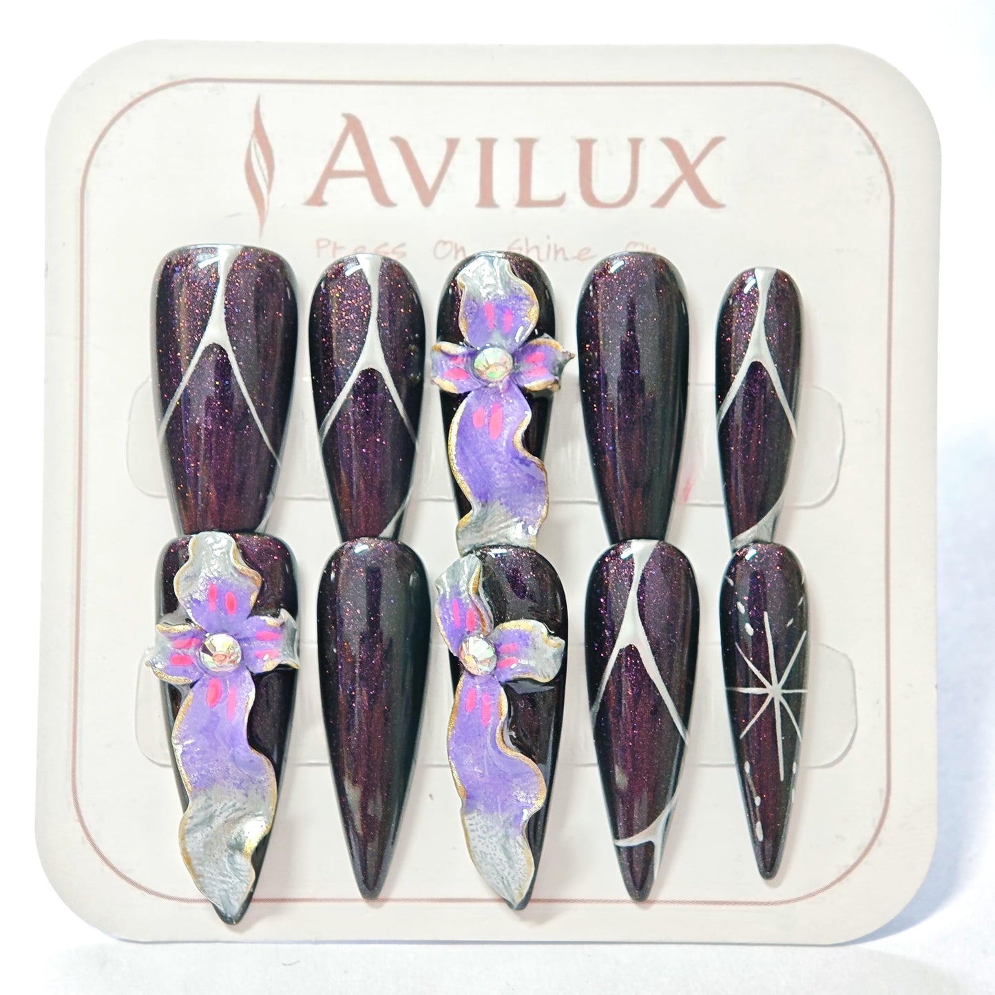 Avilux Press On Nails – Handmade, Reusable, 3D Designer Nail Art, 10Pcs Fake Nails for Women and Girls, Perfect for Holidays, Parties & Gifts (Mystic Orchid Glitter, Medium)