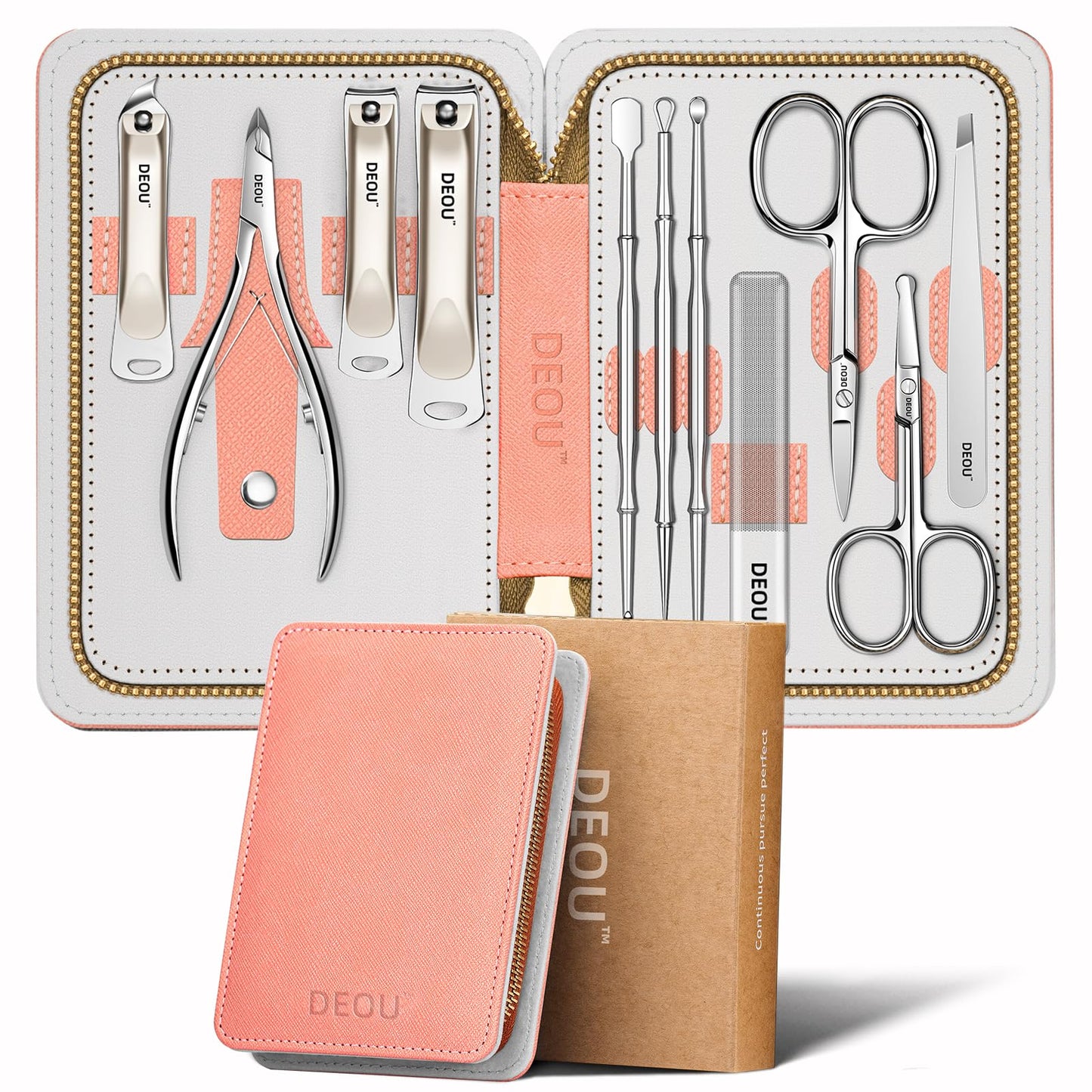 DEOU Professional Nail Set 11 in 1 stainless steel home care nail clippers, men's luxury travel leather storage box, women's beauty kit (Pink)