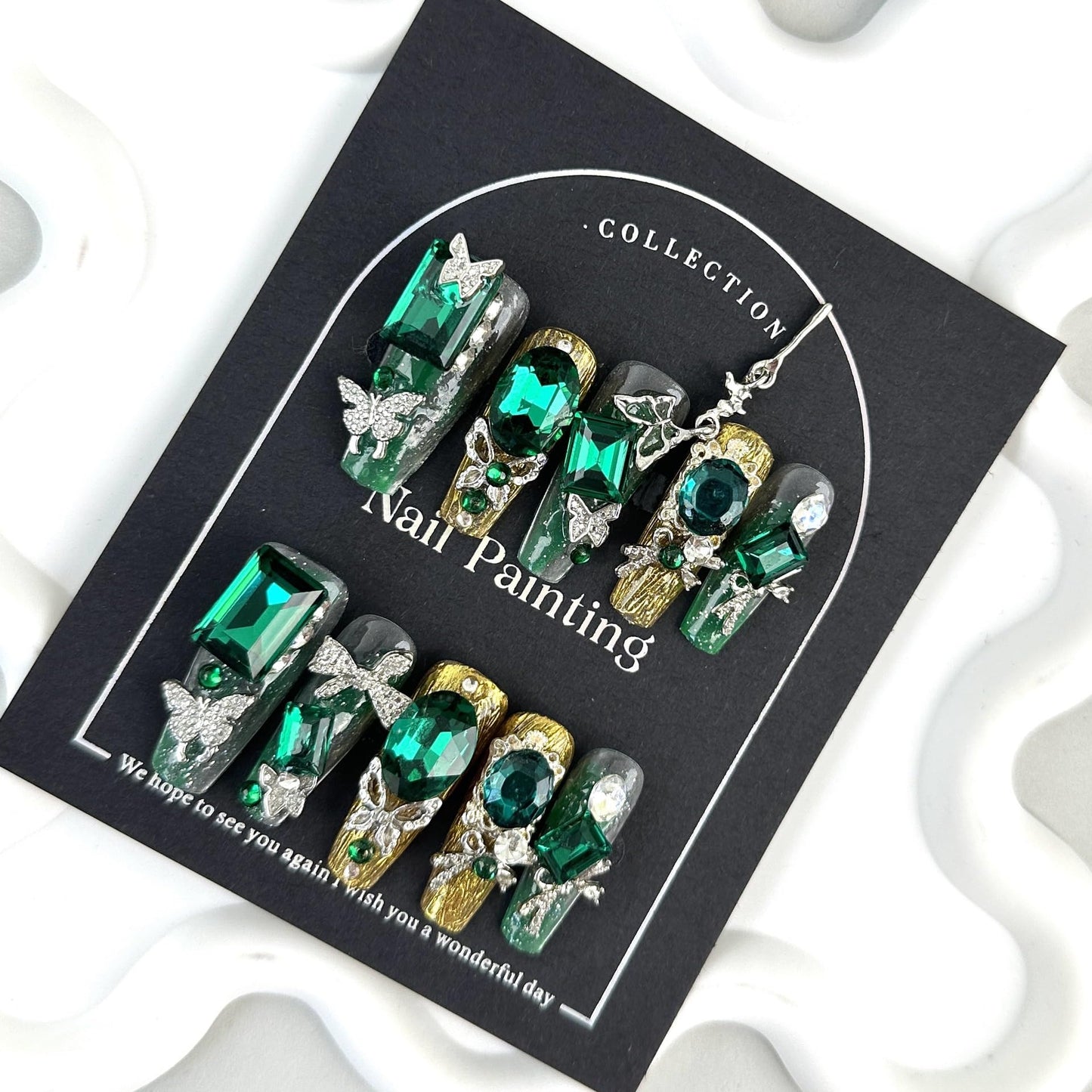 100% 5D Handmade Press on Nails Green Diamond False Nails Long Coffin Fake Nails Press ons Silver Bow Butterfly Nail Charms Press on Nails for Women Girls Daily Wear DIY Manicure Size M