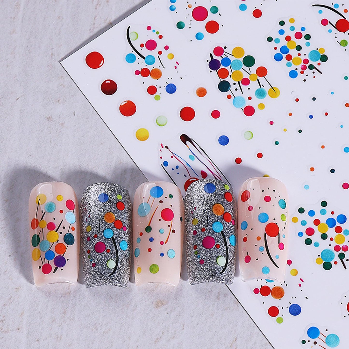 IDDFEVE French Rainbow Dot Nail Stickers - French Line Balloon Party Self-Adhesive Nail Art Decals for Women Girls, DIY Colorful Christmas New Year Celebration Pride Month Manicure (4 Sheets)
