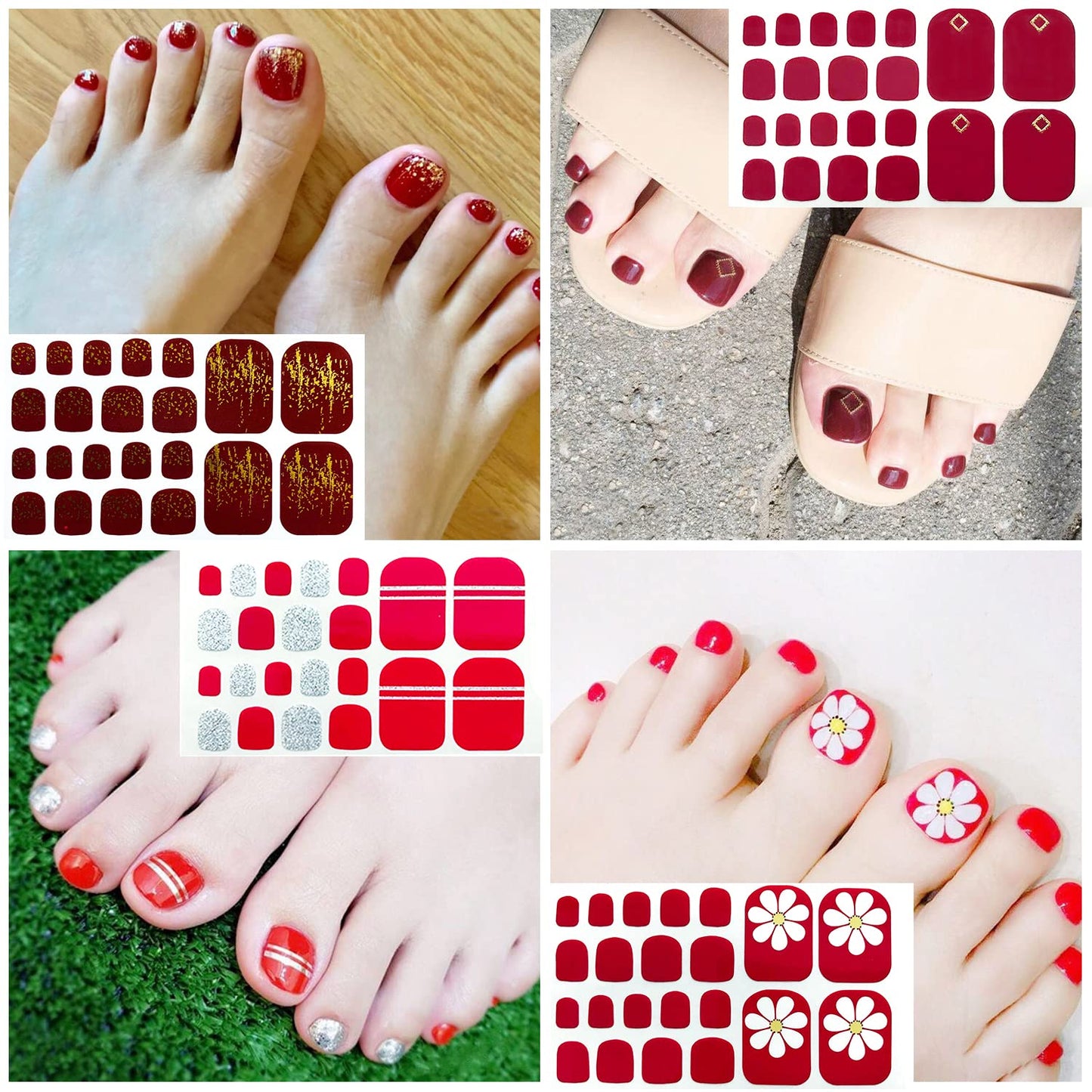 SILPECWEE 20 Sheets Red Toe Nail Stickers Full Nail Wraps for Women Toenail Polish Strips Self Adhesive Nail Polish Stickers for Toes Nail Art Gel Toenails Manicure Sticker with 1pc Nail File