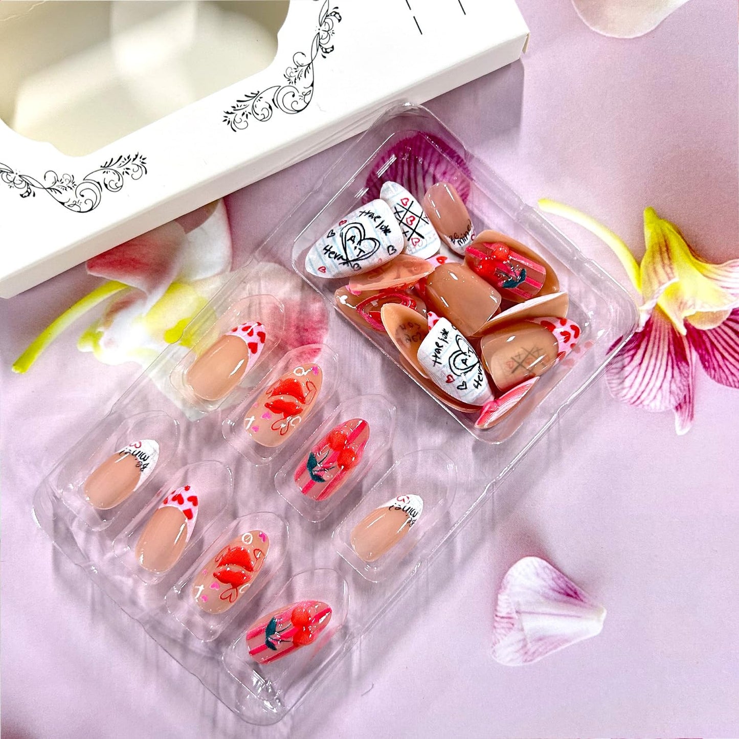 30Pcs Valentines Press on Nails Short Artificial Almond Acrylic Fake Nails French 3D Translucent Love Stick on Nail Full Cover Love Reusable Coffin Artificial Fingernails for Women Festival Manicure