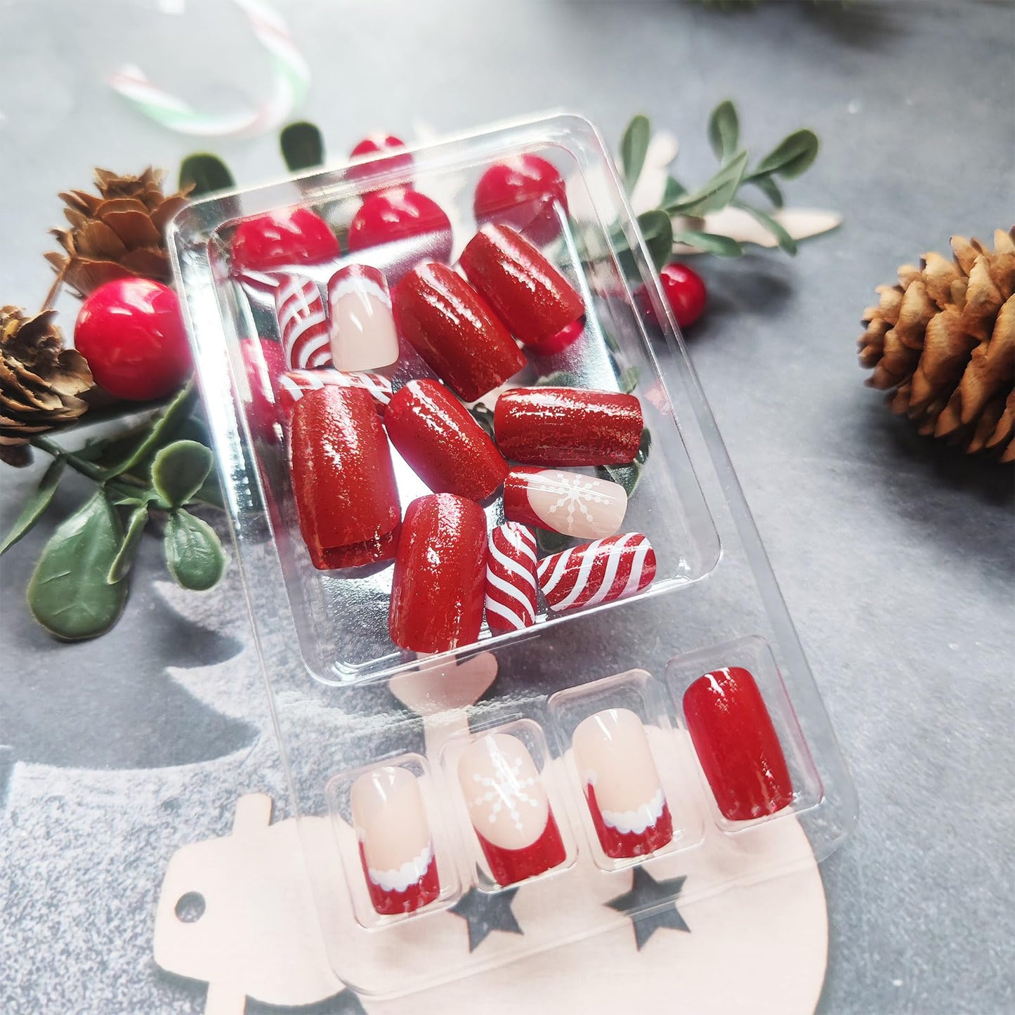 Christmas Medium Square False Nails Snowflake Gel Glue on Nail 24Pcs Christmas Hat Press on Nails French Tips Stick on Fingernails Glossy Red Curve Line Acrylic Fake Nail for Women Xmas Gift
