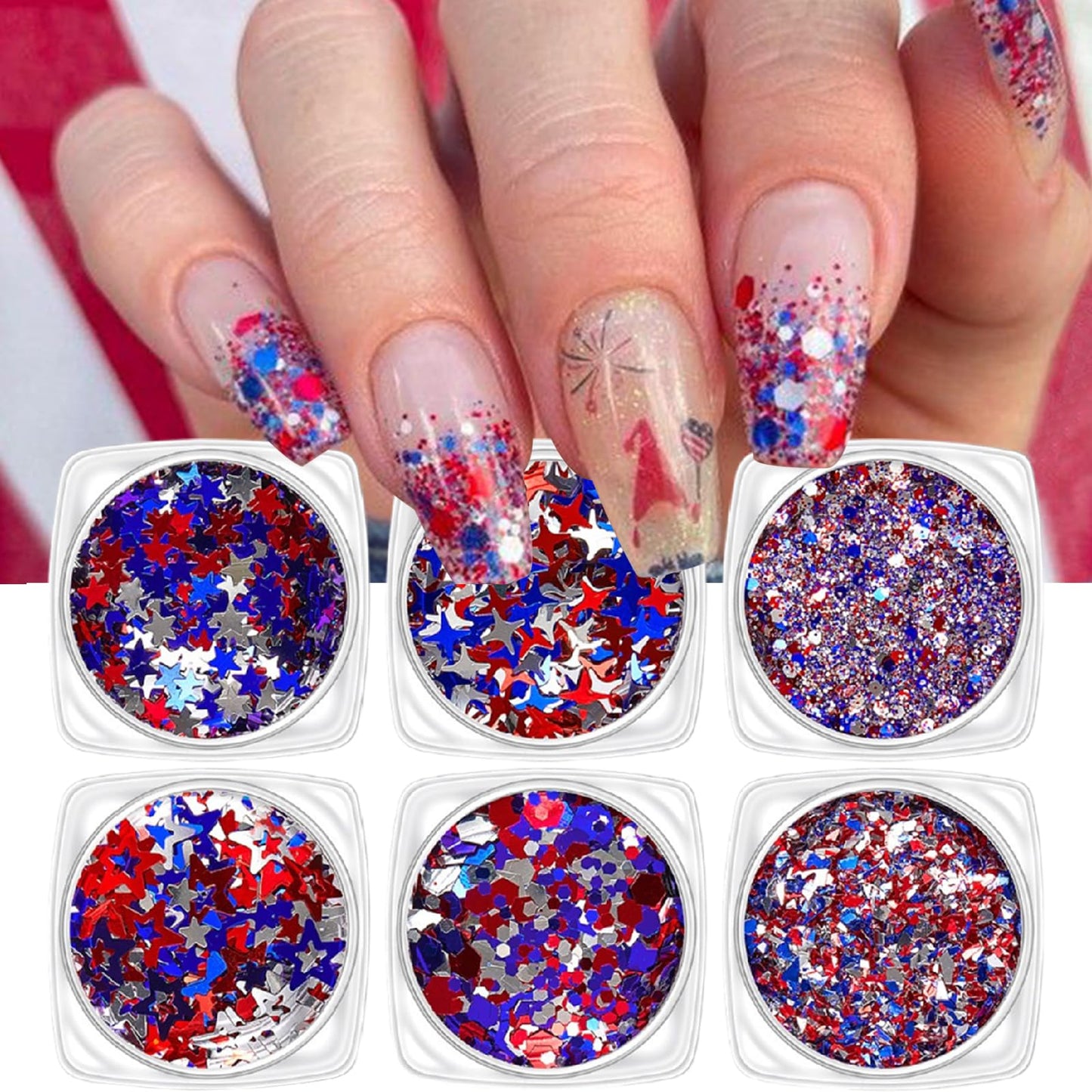 Independence Day Star Nail Glitter July 4th Nail Art Sequins Holographic Patriotic Red Blue Silver Mix Hollow Star for Women Girls Face Body Nail Art Decoration 6 Boxes
