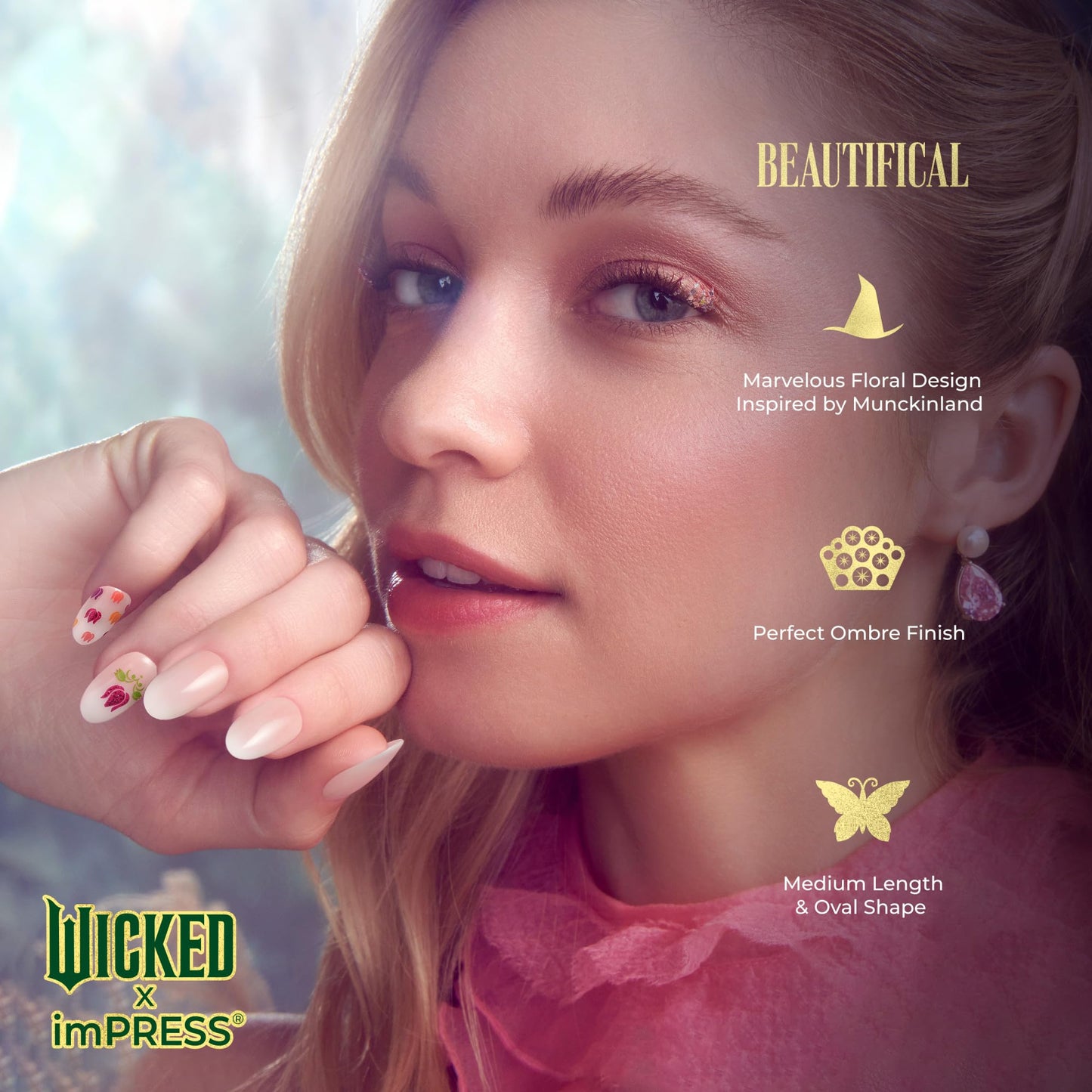 WICKED X imPRESS Press On Nails, New Improved Adhesive, Up To 10 Day Hold, ‘Beautifical’, White, Medium Oval, Includes 30 Fake Nails, 1 Prep Pad, 1 Manicure Stick, 1 Mini File