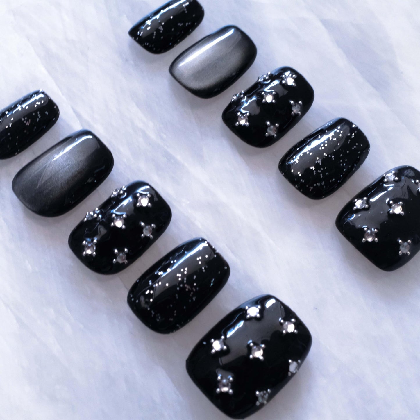 BlackStar - Handmade Press on Nails, Black Starry Sky with Cat Eye, Rhinestone Bling, Short Square Shape, 10PCS (XS Size, SS)