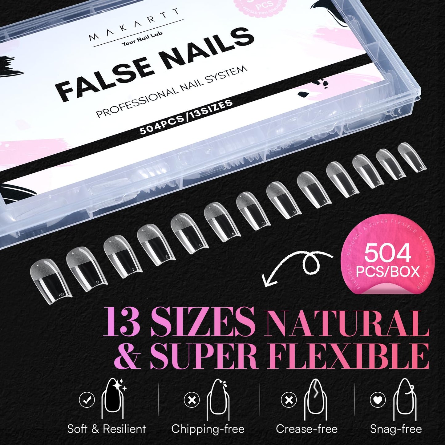 Makartt Medium Square Nail Tips: 504 PCS Pre-Etched Clear False Nails Tips Square Shapes, 13 Sizes Full Cover Half Matte Soft Acrylic Press On Nail Extensions Supplies Salon and DIY at Home
