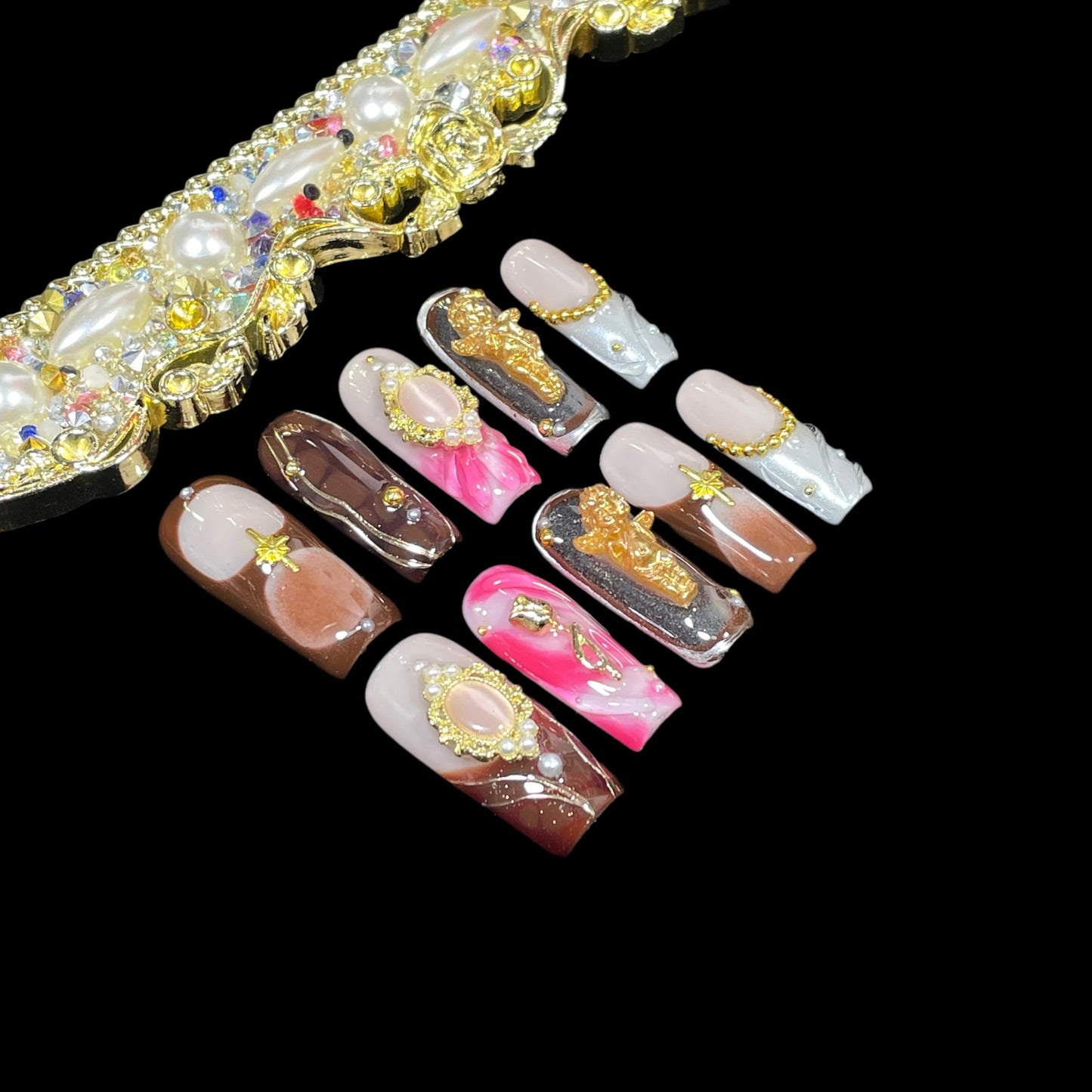 Handmade Press On Nails Vintage Style Gold Angel & Flower Design with Amber Print, Medium/Long Square Shape Acrylic False Nails, Reusable Luxury Retro Nail Art (Cherub, M)