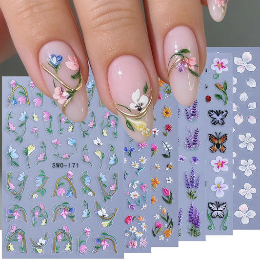 Flower 5D Embossed Nail Art Stickers 6PCS 3D Self Adhesive Colorful Nail Decals Lavender Tulips Vines Butterfly Designs Spring Summer Flower Petals DIY Manicure Nail Art Decoration for Women