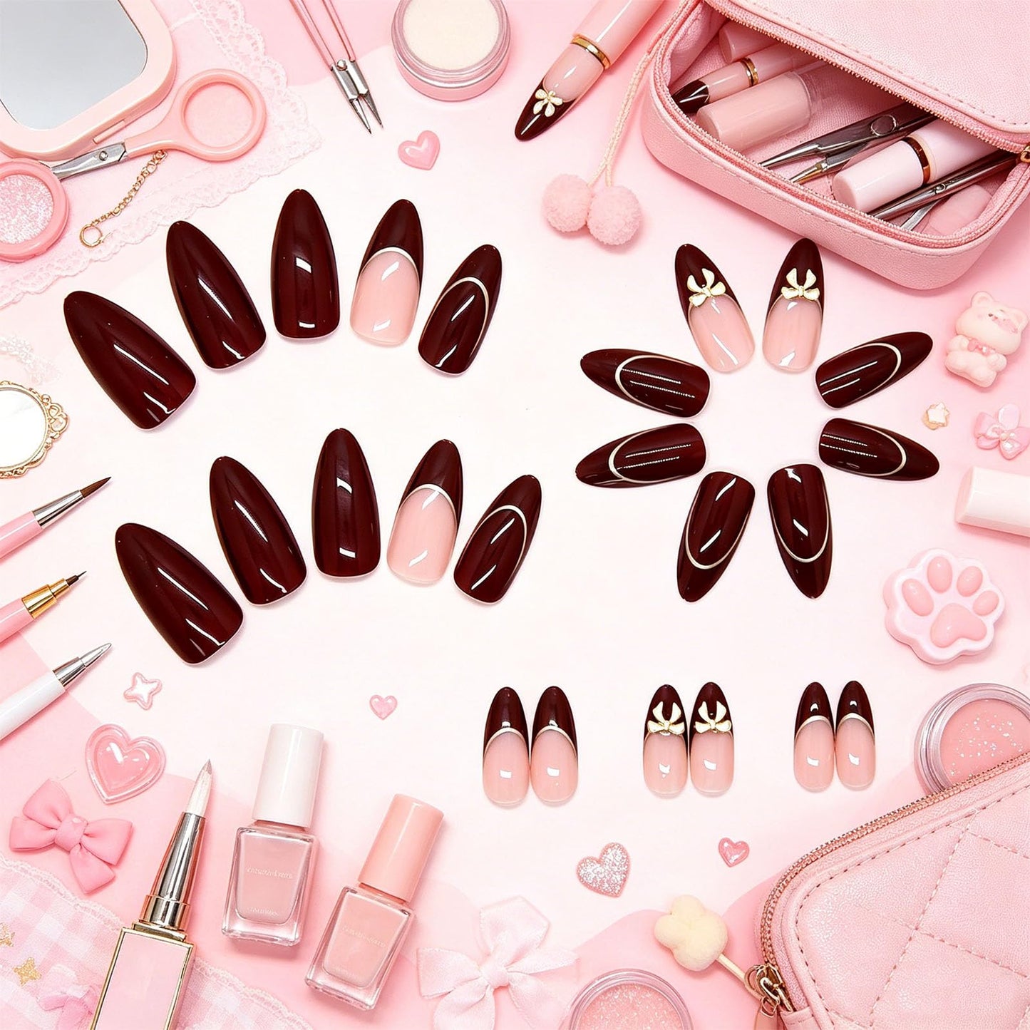 Burgundy Nude Press on Nails Glossy Gold Bow Medium Almond Fake Nail French Tips False Nails with Metallic Line Design Elegant Stick on Nail Simple Glue on Artificial Fingernails for Women Daily Wear