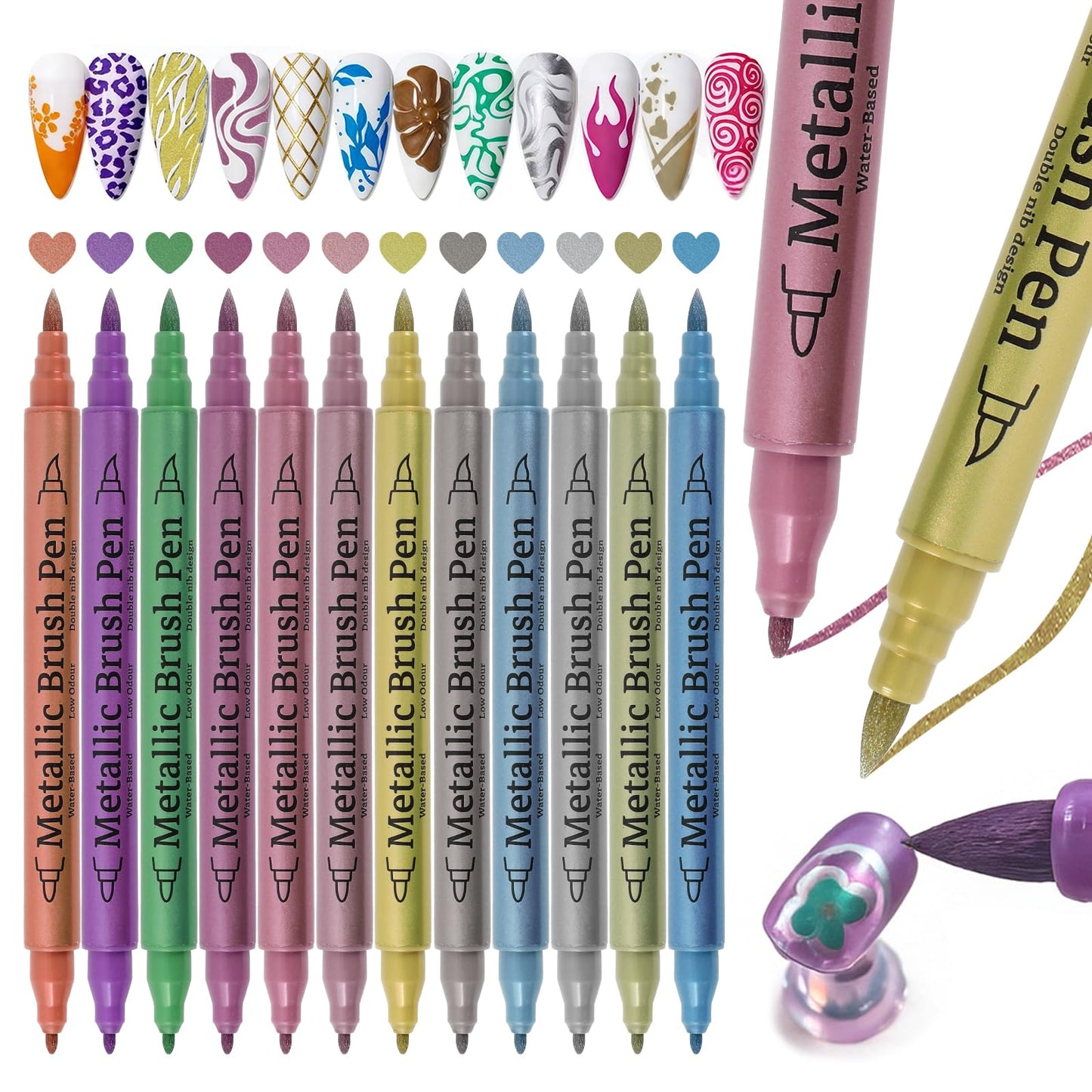 ESUOHYM 12 Color Nail Art Pens Set,Metallic Nail Gel Polish Pens Quick-Drying for Nail Art Design Drawing Painting Liner Dotting Marker Pen,0.3-4MM Waterproof Acrylic Nail Brush Pen Manicure Tools