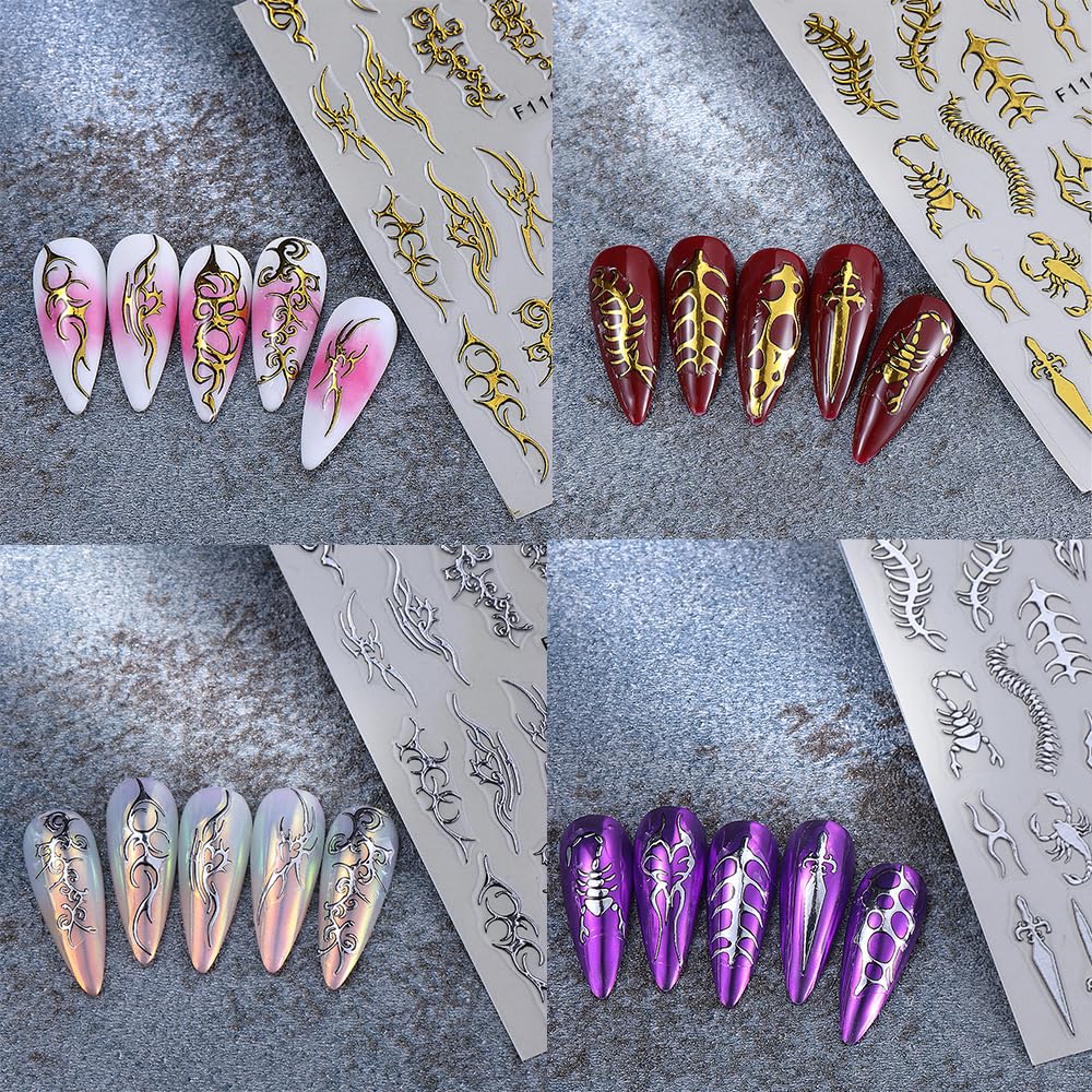 5 Sheets Gothic Nail Stickers for Nail Art, 3D Self-Adhesive Nail Decals Gold Silver Witchy, Nail Supplies Nail Art Designs Accessories for Women and Girls Manicure DIY Decoration