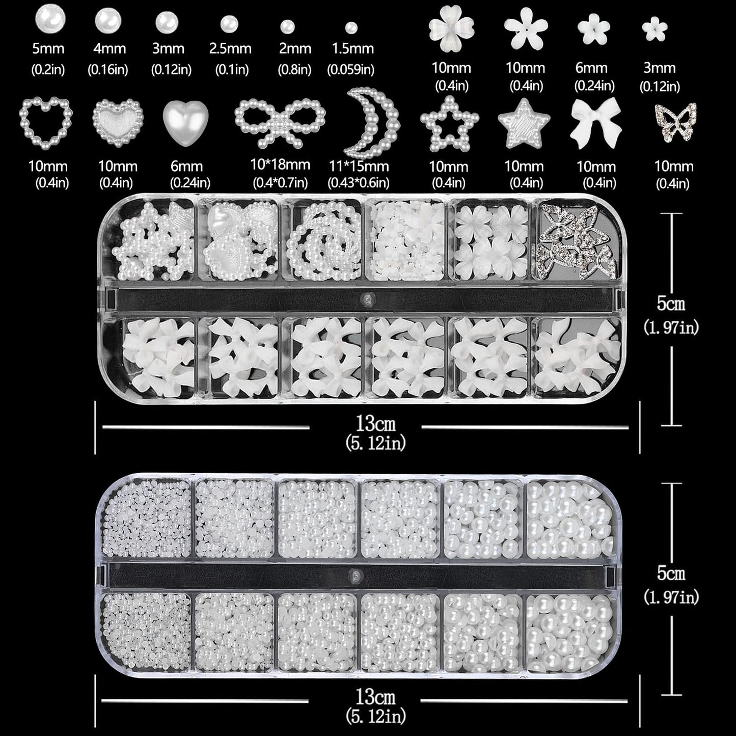 SEMATA White Flatback Nail Art Pearls Charms White Flower Bow Nail Gems Jewelry Mixed Size Nails Pearls Stone Moon Heart Stars Nails Art Accessories Decoration Design for Women