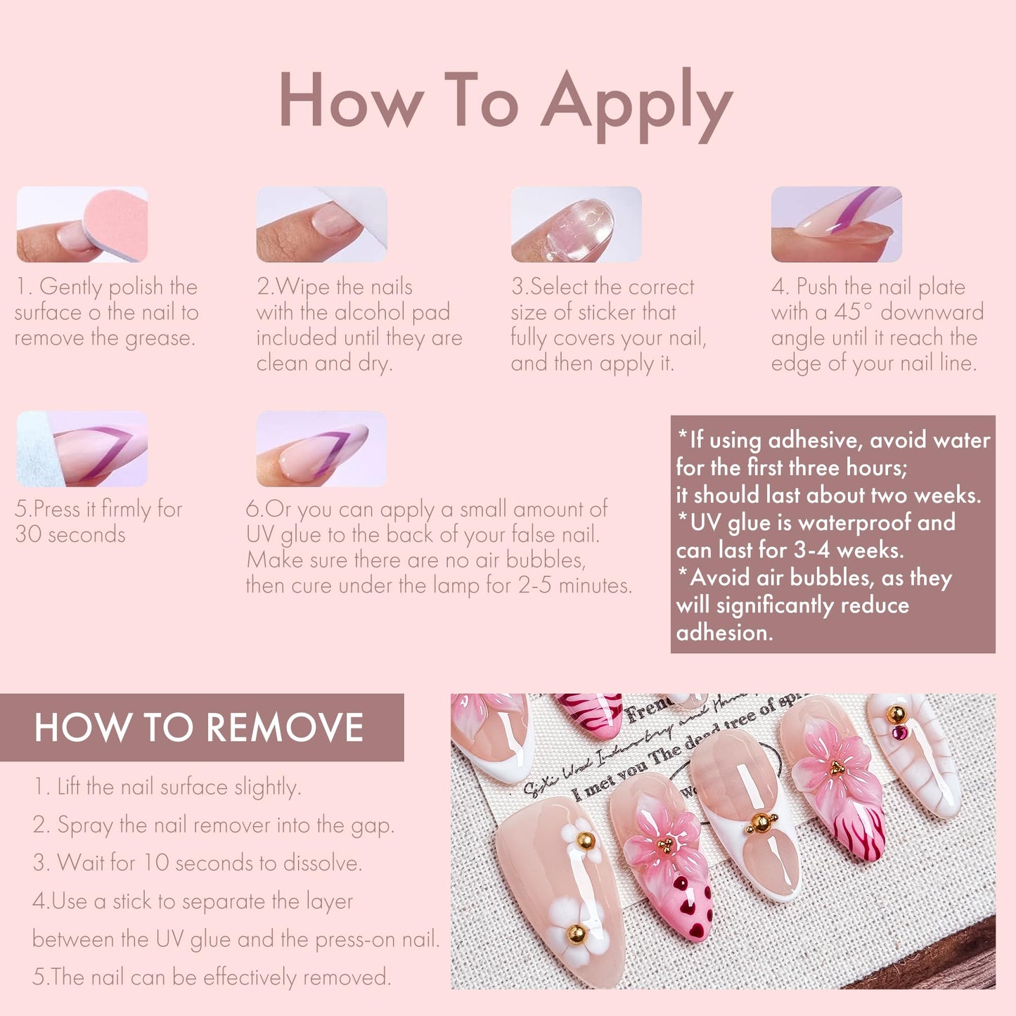 10PCS Pink Floral Press-On Nails - 3D Romantic Spring Blossom Nails, Nude & Pink Girly Elegant Pastel Flower Acrylic UV Gel Fake Nails for Women (Pink, XS)