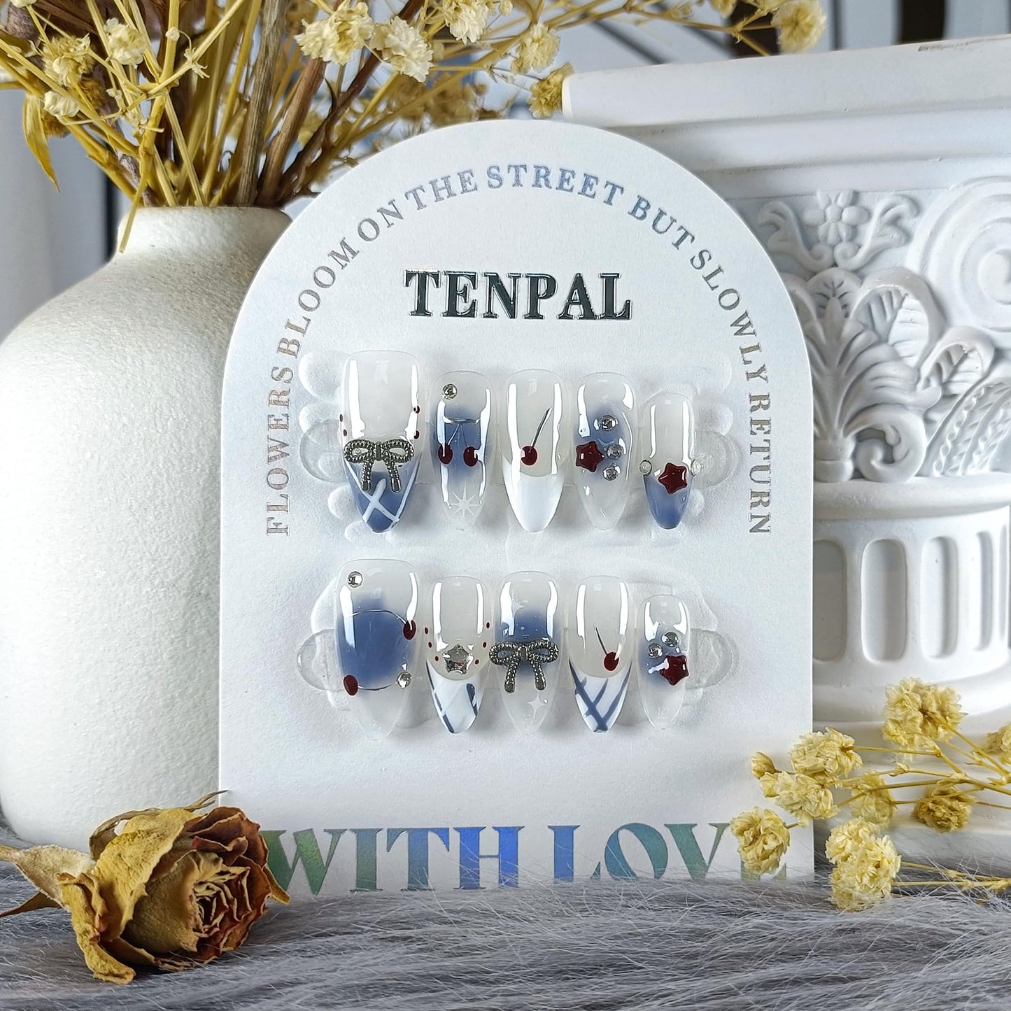 TENPAL Light Blue White French Press on Nails Medium Almond with 3D Charms Bow Rhinestone Cherry,10Pcs Sweet Girls Summer with Full Kit(L)