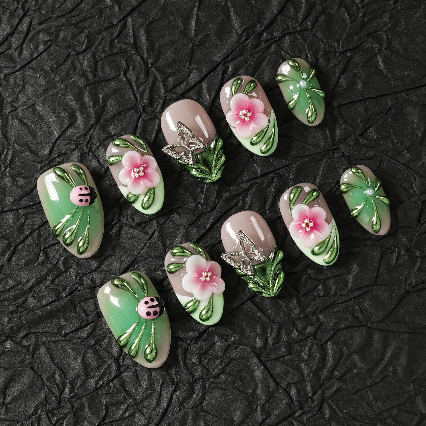 Tesytto Spring Press On Nails Short Almond Handmade 3D Flower Metallic Butterflies Fake Nails, Green Chrome Ladybug Design French False Nails for Party Daily Wear (Spring Green Pastel Garden,S)