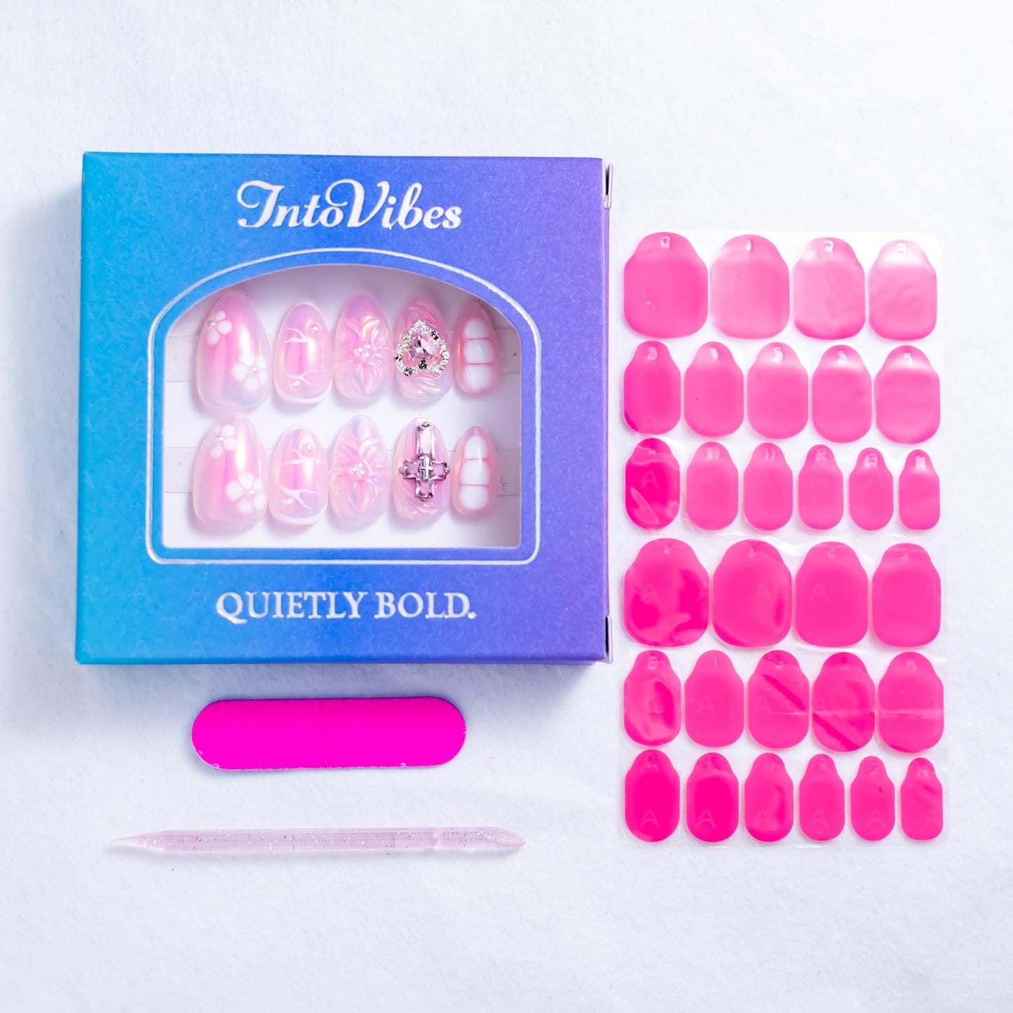 IntoVibes 10 Pieces Handmade Short Almond Press On Nails, Pink Thickened False Nails, Heart Shaped Rhinestone And Flower, Reusable Fake Nails Almond, Reusable Acrylic Nails (L)