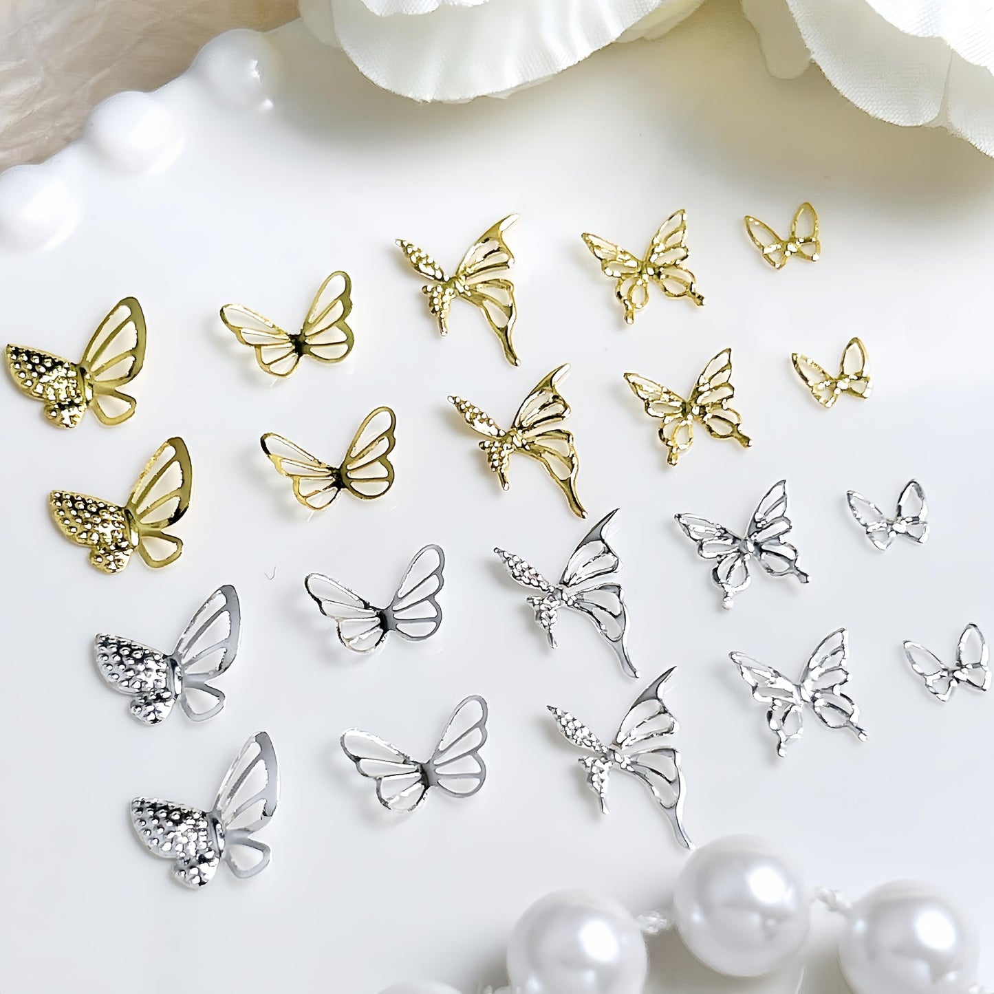 300Pcs Gold Sliver Butterfly Nail Charms 3D Butterflies Nail Rhinestones Gold Metal Butterfly Charms for Nails Alloy Butterfly Nail Jewelry Cute Butterflies Nail Supplies for Women Manicure Crafts DIY