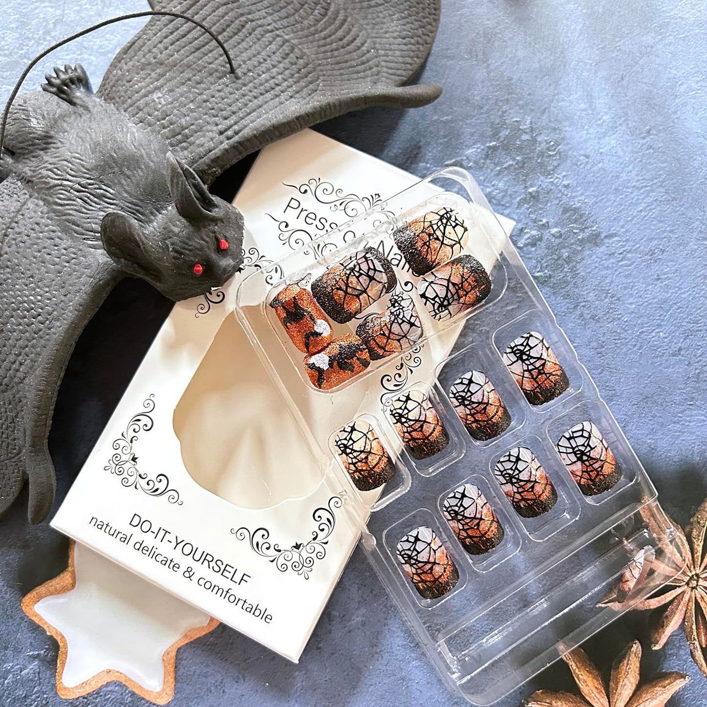 Halloween Press on Nails Short Square Bat Witch False Nail Acrylic Artificial Fingernails Glitter Powder Spider Web Design Full Cover Glossy Festival French Stick on Nails for Women Supplies 24Pcs