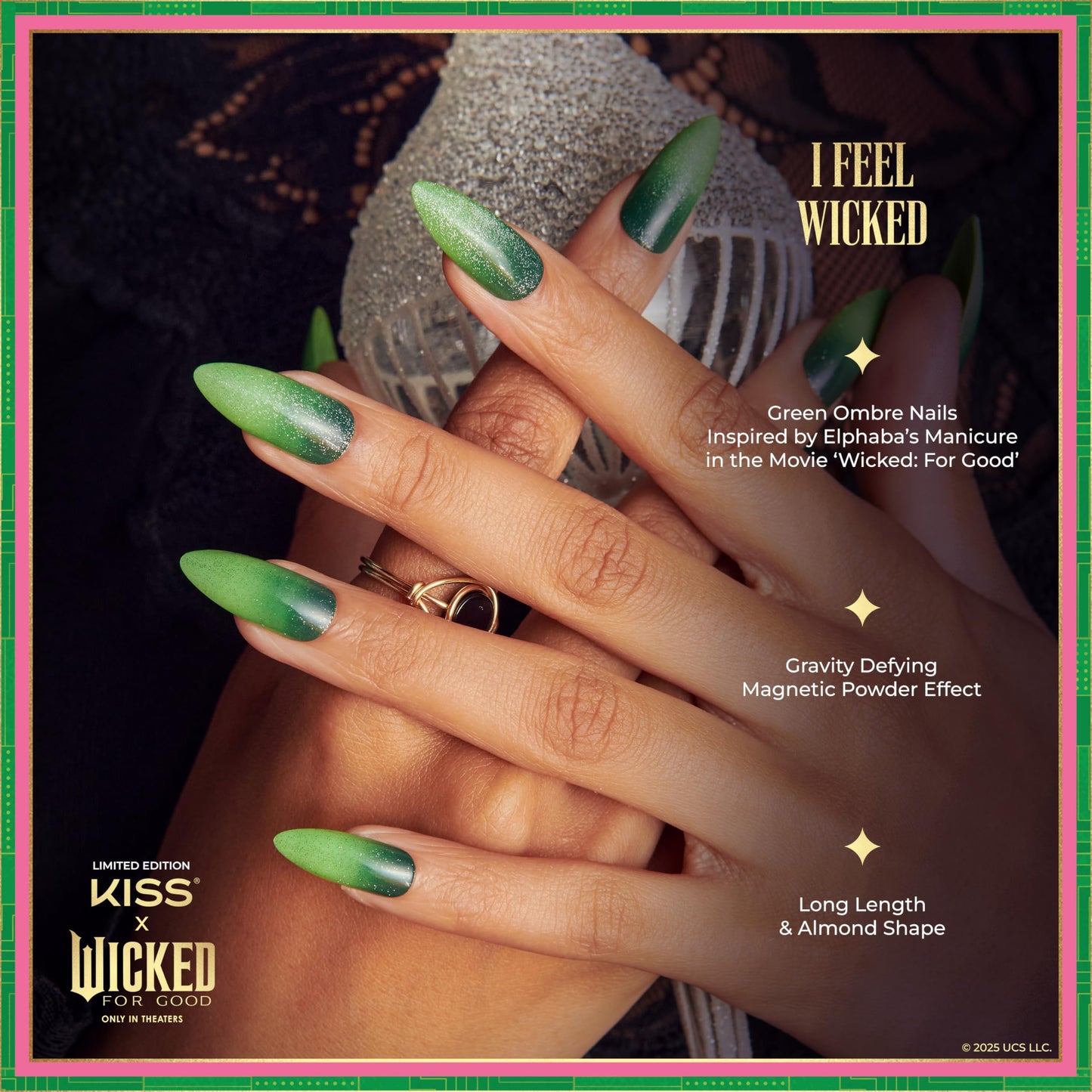 KISS X WICKED: FOR GOOD Press On Nails Almond, ‘I Feel Wicked’, Green, Long, Waterproof, Chip Proof, Smudge Proof, 28 Fake Nails, Pink Gel Nail Glue (2g), Mini Nail File, & Manicure Stick
