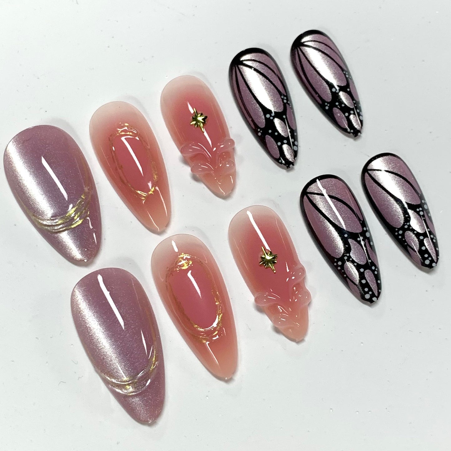 BABALAL Press On Nails, Medium Almond Fake Nails, Pink Purple Cat Eye Ombre With Gold Star & Butterfly, Y2k Summer Bling Shiny Full Cover Glue On Nails 24Pcs