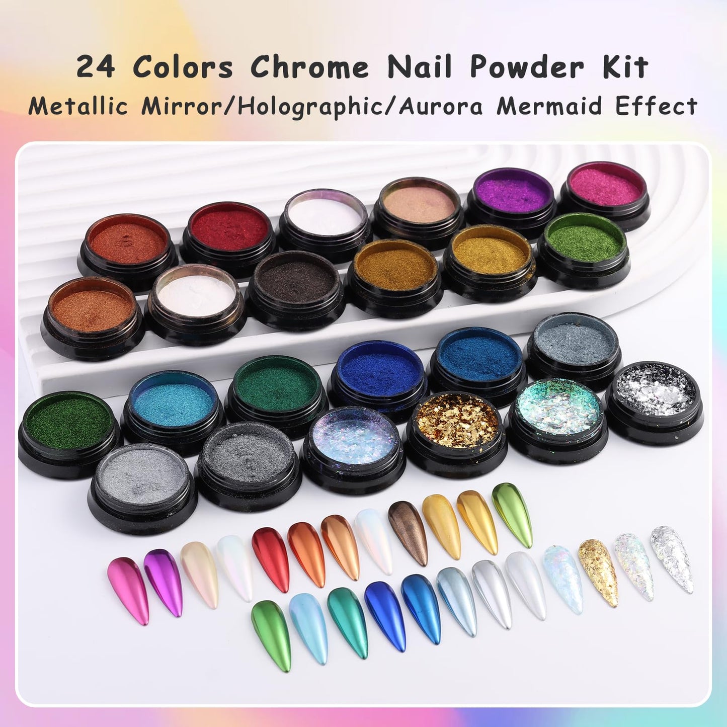 SUTOKAKA 24 Jars Chrome Nail Powder Metallic Mirror Effect Pigment Iridescent Aurora Mermaid Pearl Glitter Dust, Gold Silver Nail Foil Fluorescent Flakes Kit for Resin Craft & Nail Art Decoration