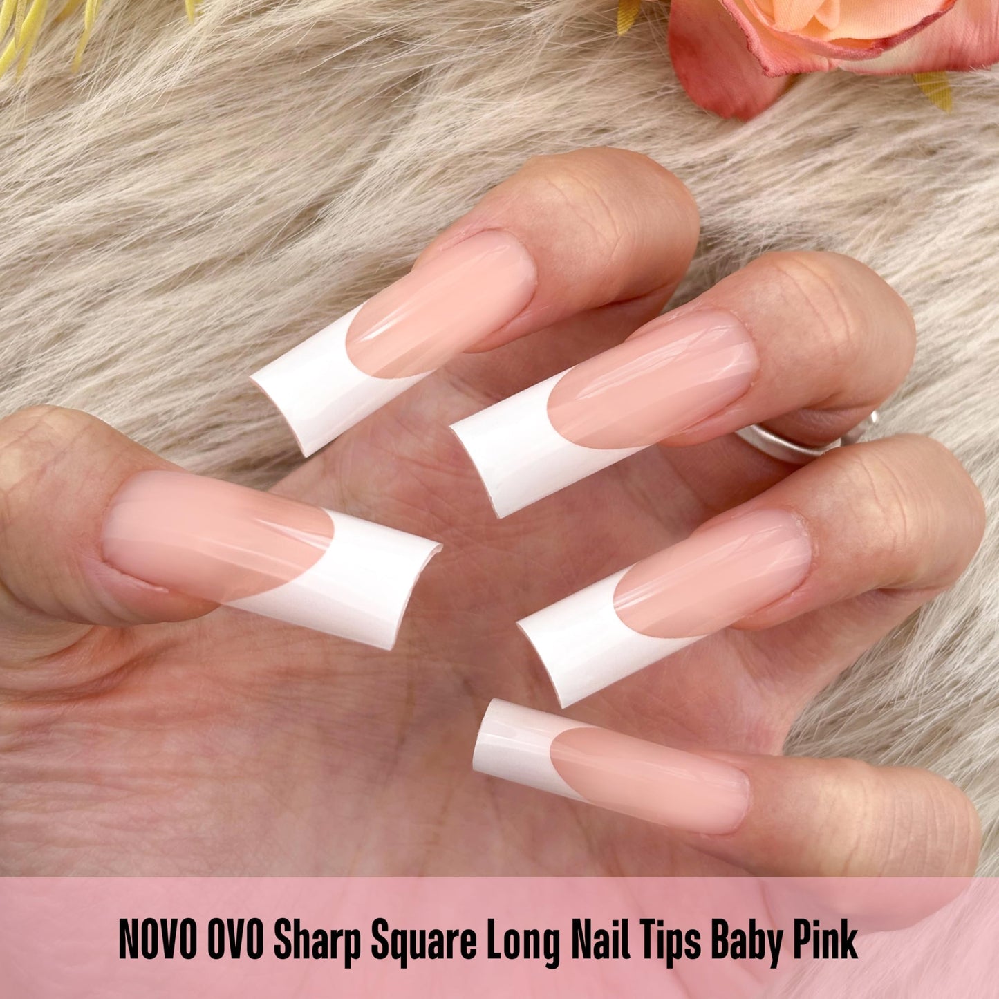 NOVO OVO Long Sharp Square White French Tip Nail Tips Press on BABY PINK, Extra Thick NEED Builder Gel & Top Coat & Glue, Soft Gel full Cover False Fake Nail Extension for Salon DIY x 15 Sizes 180 pc