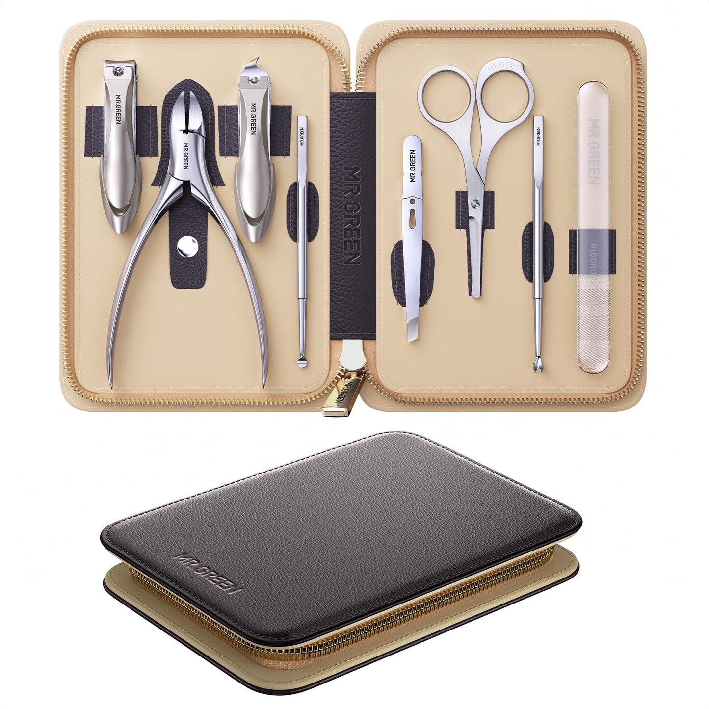 MR.GREEN 8-in-1 Manicure & Pedicure Set – Professional German Stainless Steel Nail Clippers Grooming Kit with Splash-Proof Nail Clipper & Leather Travel Case (Chestnut Brown)