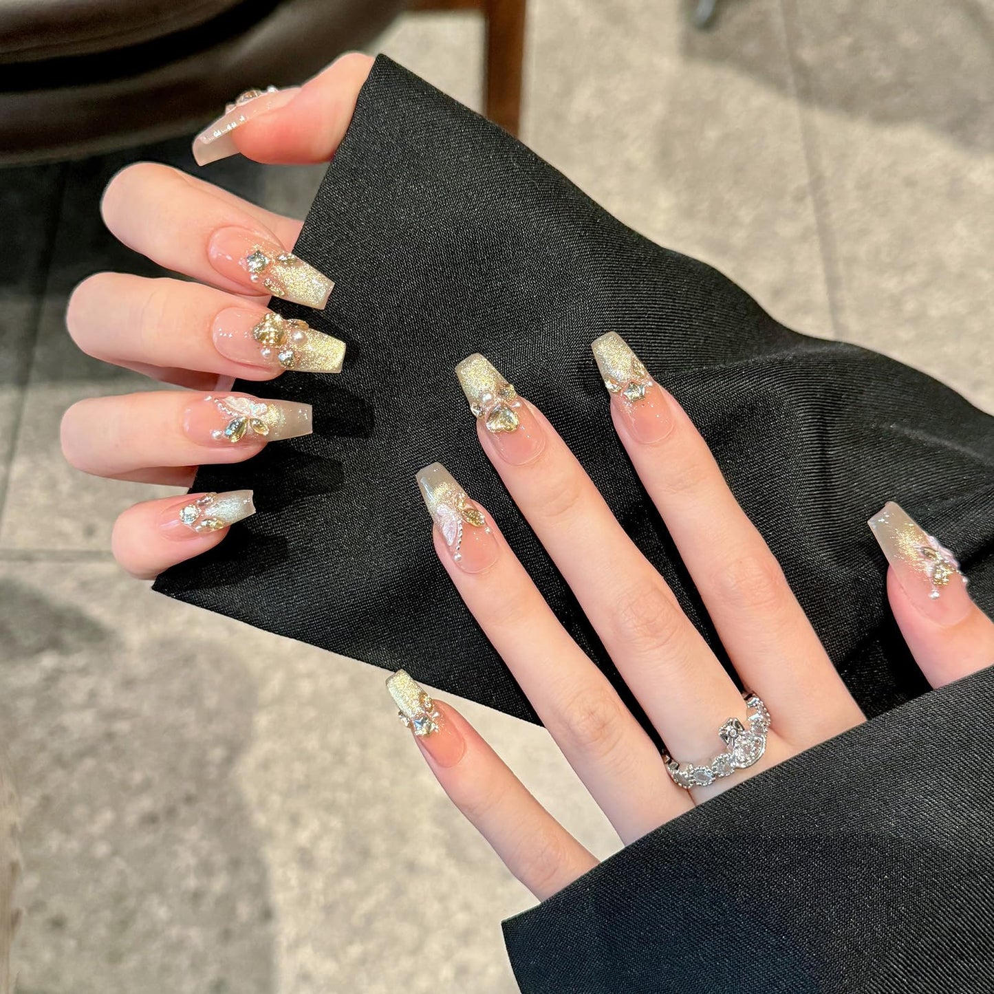 Yacey Handmade Press On Nails – Medium Coffin False Nails for Women, Reusable Acrylic French Tip with Pearl & 3D Buttterfly Cat Eye Design – Salon Quality Fake Nails (10PCS, M）