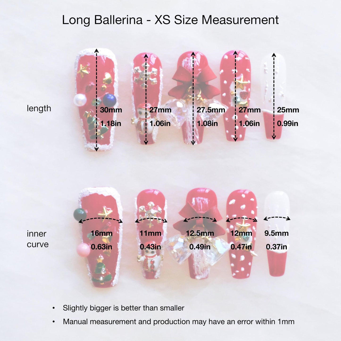GLORS Christmas Press-On Nails, Long Ballerina Shape, Red and White Design with Snowman, Bows and Snowflakes, 10 Pieces (XS, LS)