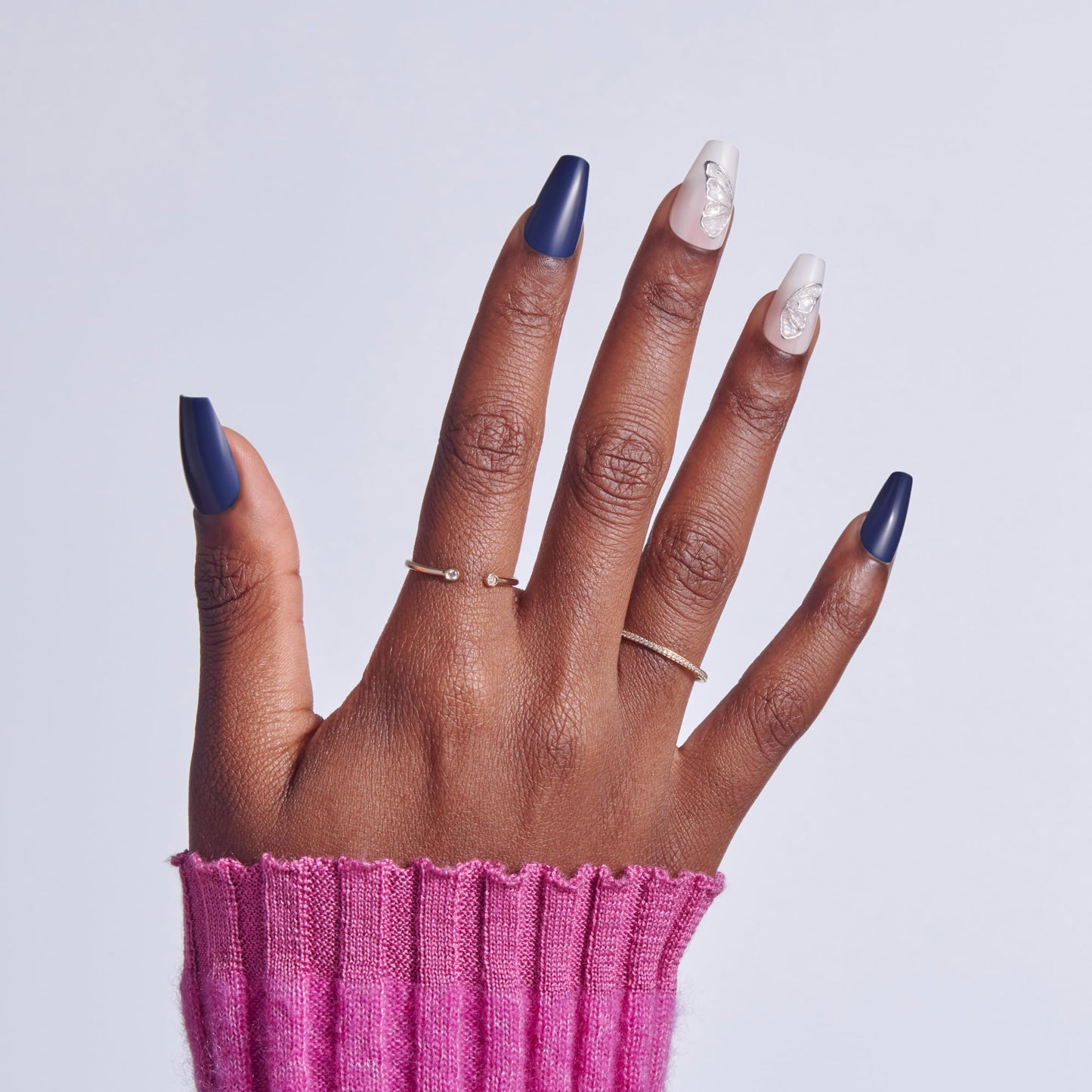 Kiss Glam, Press On Nails, Nail glue included, 'Starry Serenade', Blue, Medium Size, Coffin Shape, Includes 32 Nails, 2g Glue, 1 Manicure Stick, 1 Mini File