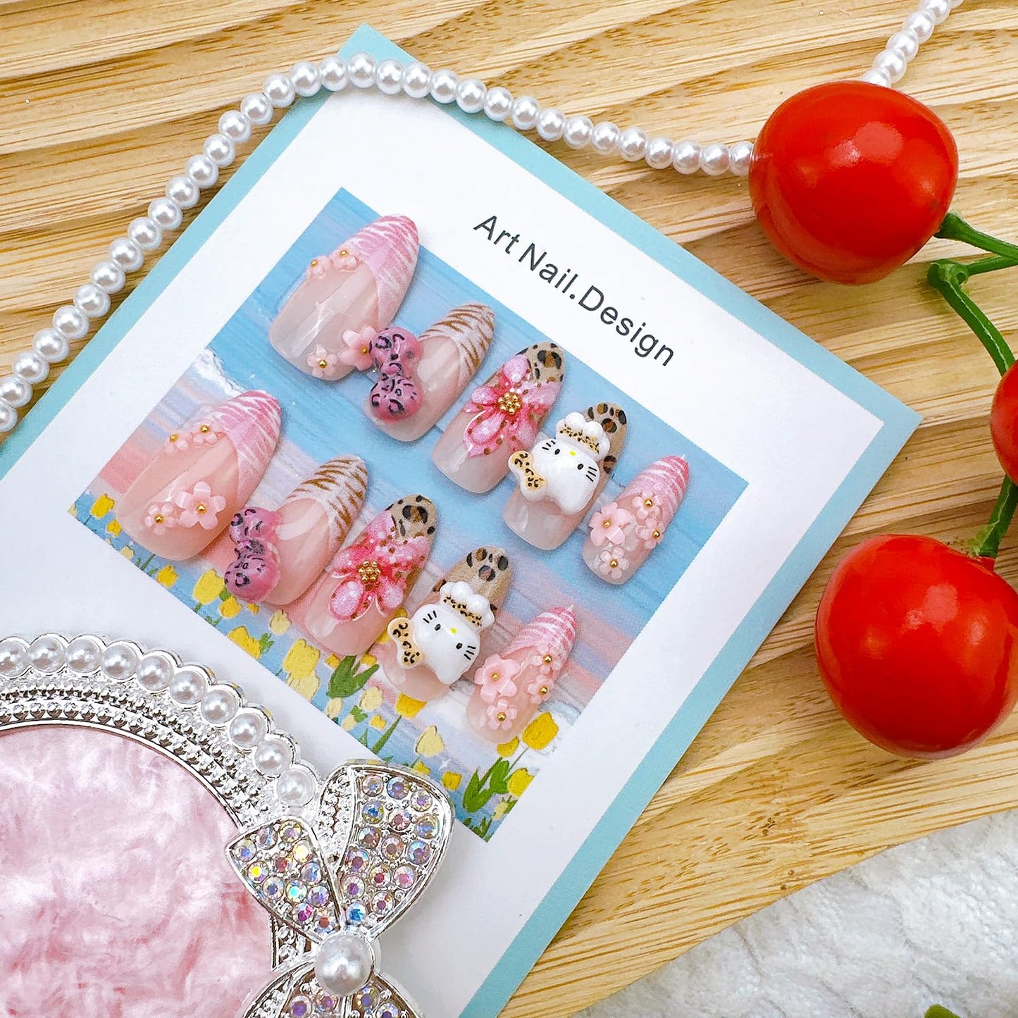 30Pcs Pink Press On Nails Medium Almond Leopard Print French Tip Fake Nails with Flowers Bow Rhinestones 3D Summer Flower Acrylic Nails Cute False Nail Set Cartoon Full Cover Stick on Nails for Women