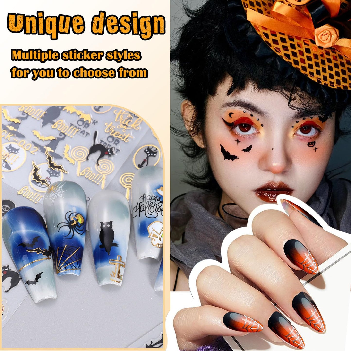 SIUSIO 15 Sheets Halloween Nail Art Stickers Cute Pumpkin Skull Ghost Party Theme 3D Self-Adhesive Horror Witchy Bat Poker Black Nail Decals Nail Supplies DIY Nail Stickers for Women Girls Kids Decor