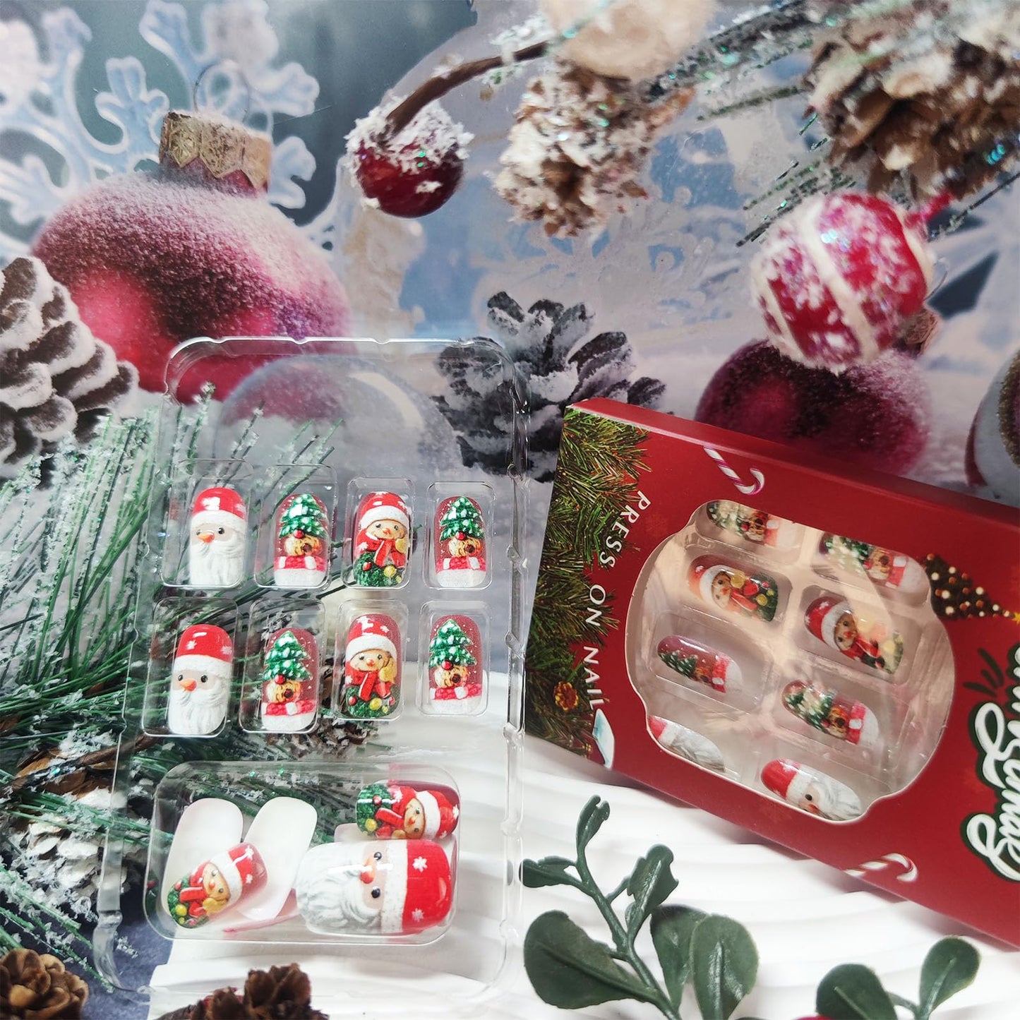 Christmas Medium Square False Nails Glossy Red Christmas Hat Acrylic Fake Nail Cartoon Santa Claus Press on Nails 24Pcs Xmas Tree Stick on Fingernails Snow Gel Glue on Nail for Women Xmas Gift