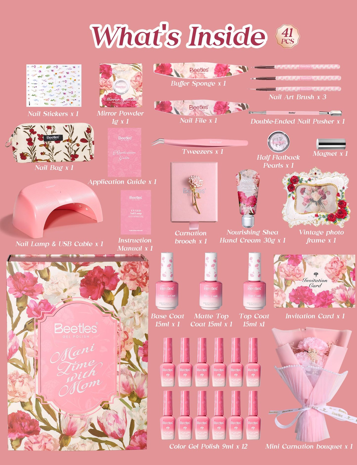 Beetles Mani Time with Mom Mother’s Day Gift Box, 12 Colors Purple Pink Red Cat Eye Gel Nail Polish Kit with U V Light, HEMA Free TPO Free Complete Manicure Kit Shea Butter Hand Cream Gift Box for Mom