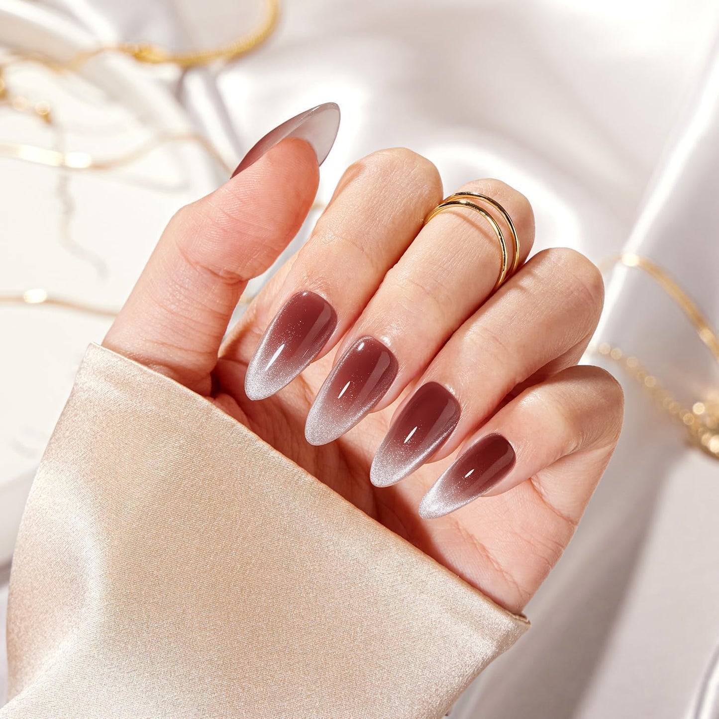 VSALON Almond Medium Press on Nails, Red Maroon Ombre Cat Eye French Tip Summer Semi-transparent Glossy Glitter False Nails, Reusable Gel Fake Nails Kit - 32 PCS in 16 Sizes with Glue & Cuticle Oil