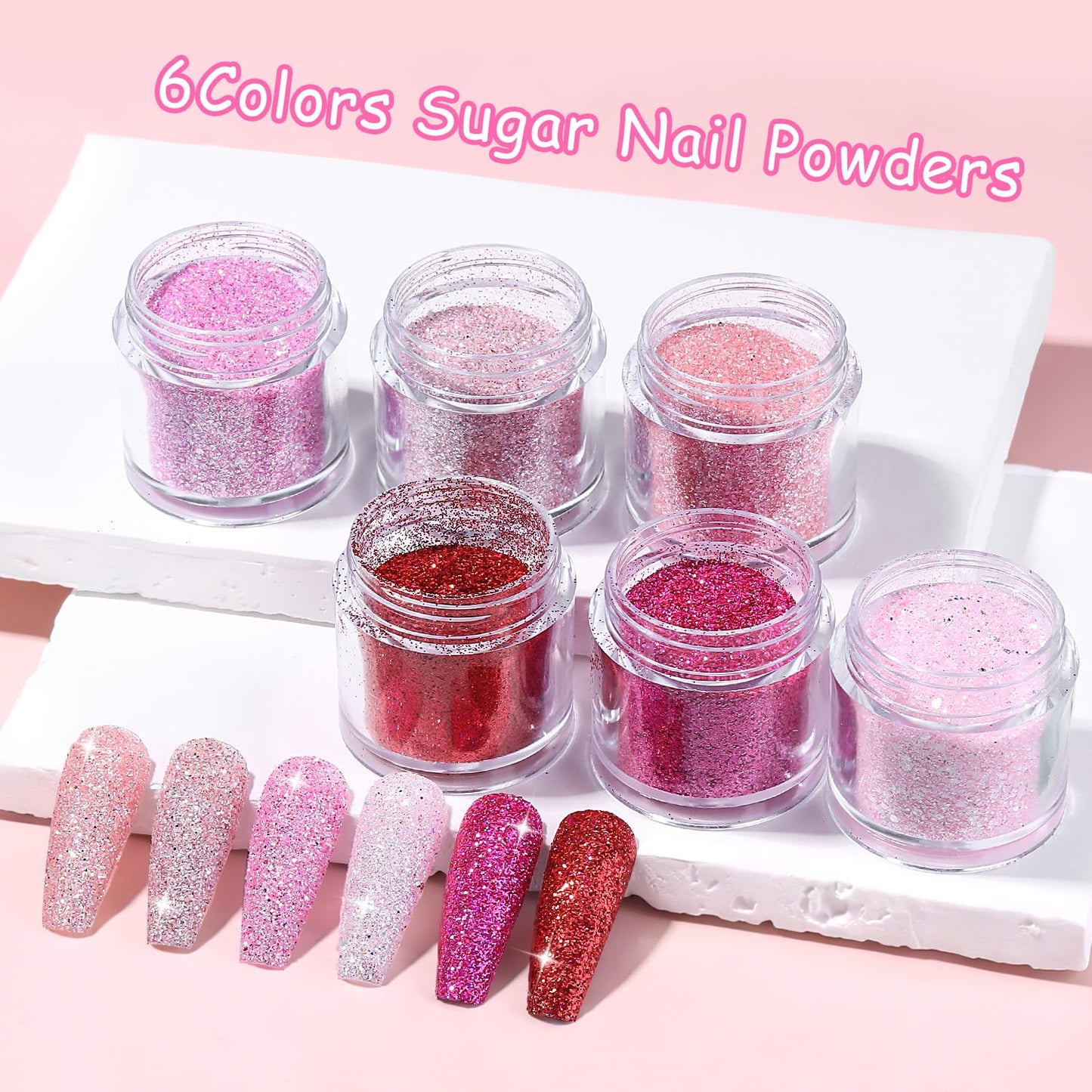 Furtherpretty Pink Glitter for Nails Set, 6 Colors Rose Red Pink Sugar Nail Powders, Holographic Fine Glitter Dust for Valentine’s Day Nail Art Design, DIY Manicure Salon Supplies with Brush(#1 Sugar)