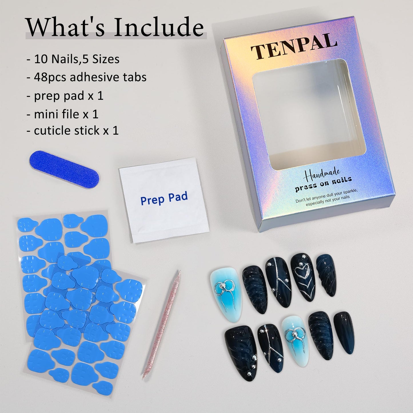 TENPAL Metal Embellished Fake Nails Almond Shape,Navy Blue Glossy Fake Nails with Silver Bows & Steel Beads,3D Water Drop Design Handmade Soft Gel Nails,Sweet Acrylic Press on Nails,10pcs S Size