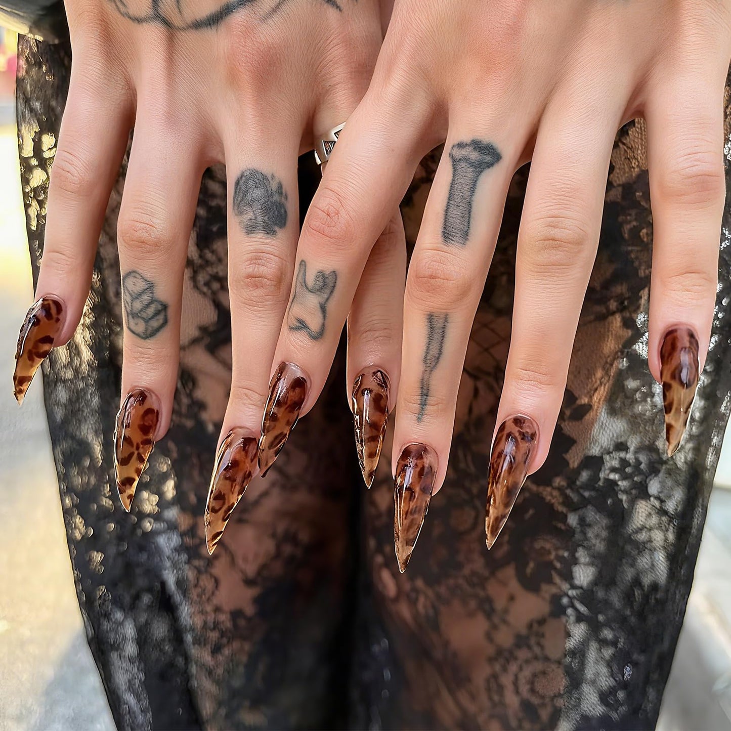 Handmade Press on Nails Medium Stiletto Brown Fake Nails Unique Eagle Claw Thick Acrylic Nails False Nails with Leopard Print Cat Claw Designs Fall Glossy Glue on Nail Curved Sturdy Nail Art 10Pcs(S)