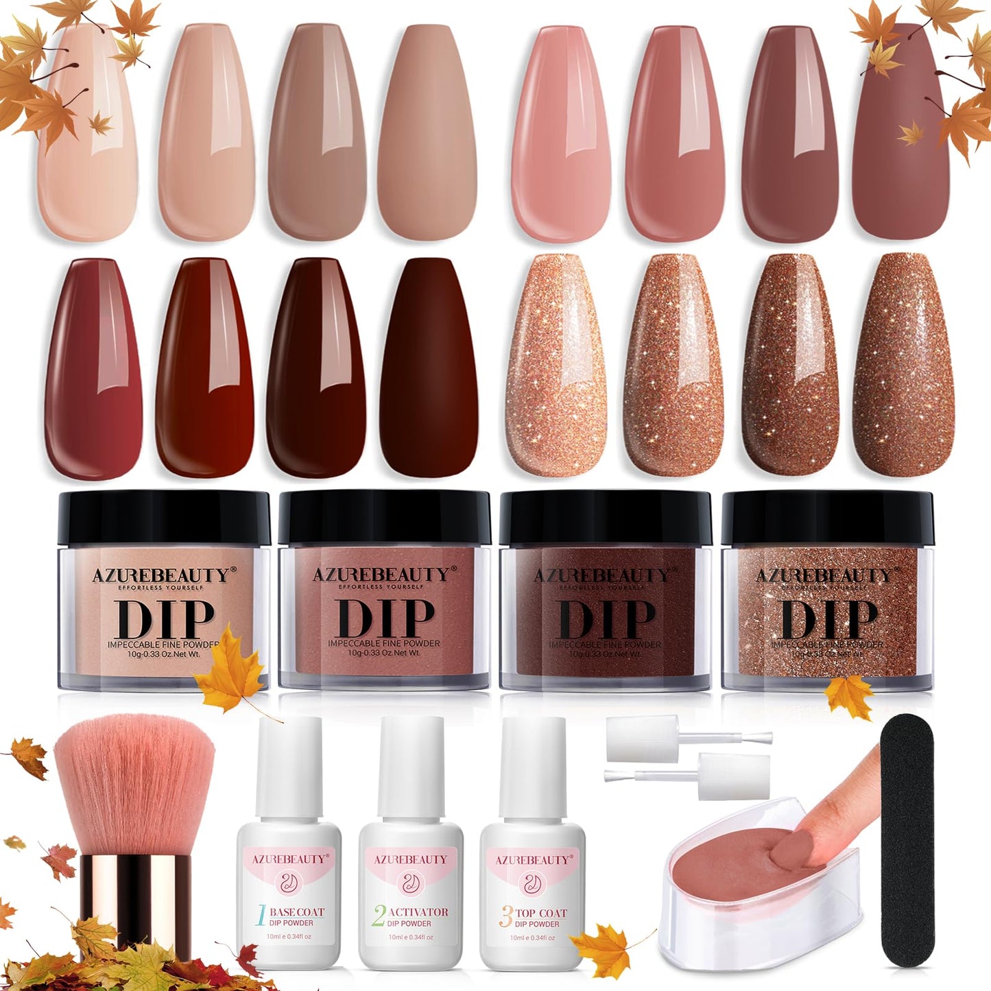 AZUREBEAUTY Dip Powder Nail Kit Starter, 4 Colors Skin Nude Brown Glitter, Dipping Powder Liquid Set with Base/Top Coat Activator for Daily French Nail Art Manicure DIY Gift 12 Pcs