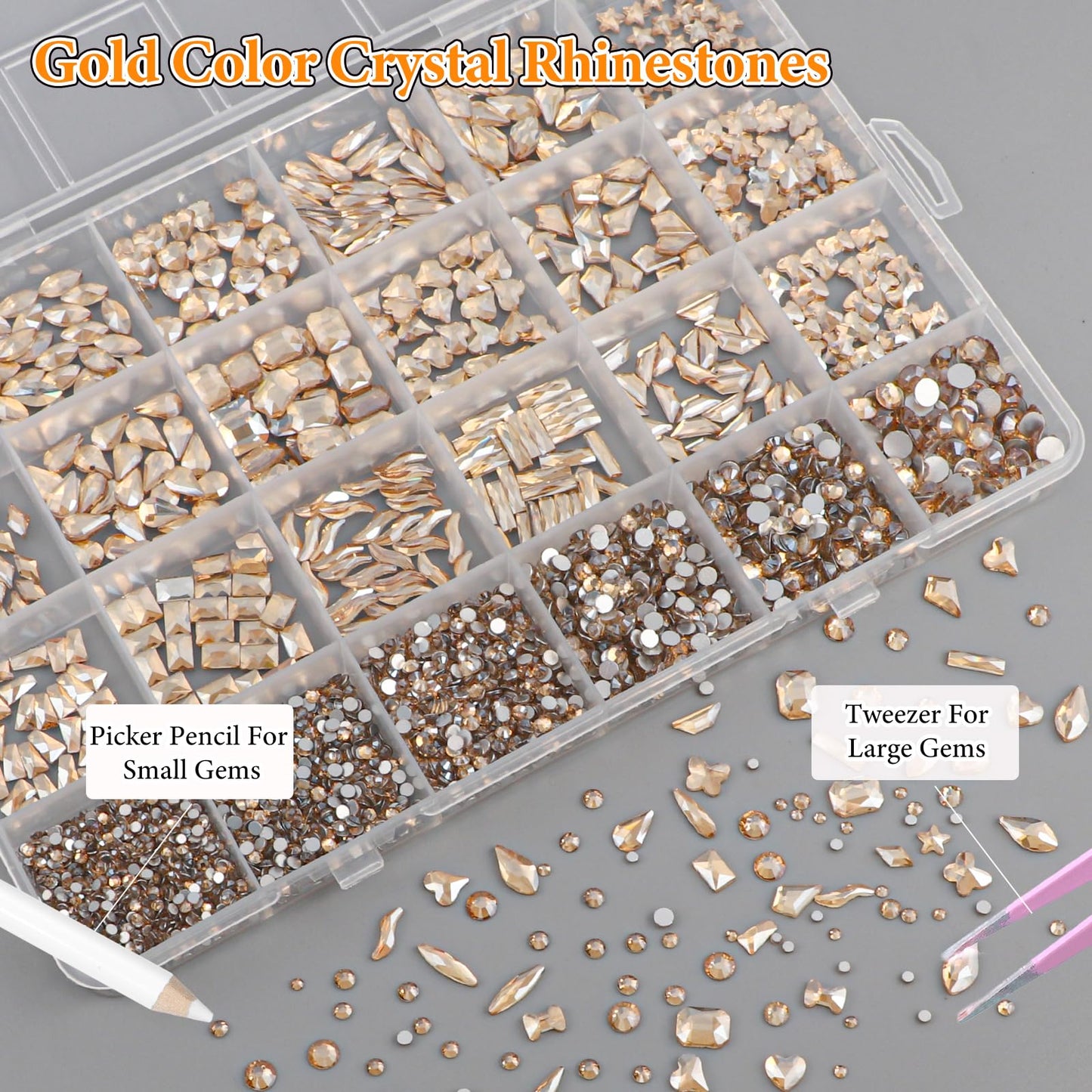 Champagne Gold Nail Art Rhinestones Kit Multi Shapes Crystal Flatback Nail Gems Half Round Rhinestones for Nails, Gold Gems Crystals Glass Rhinestone for Nails Art DIY Supplies Craft