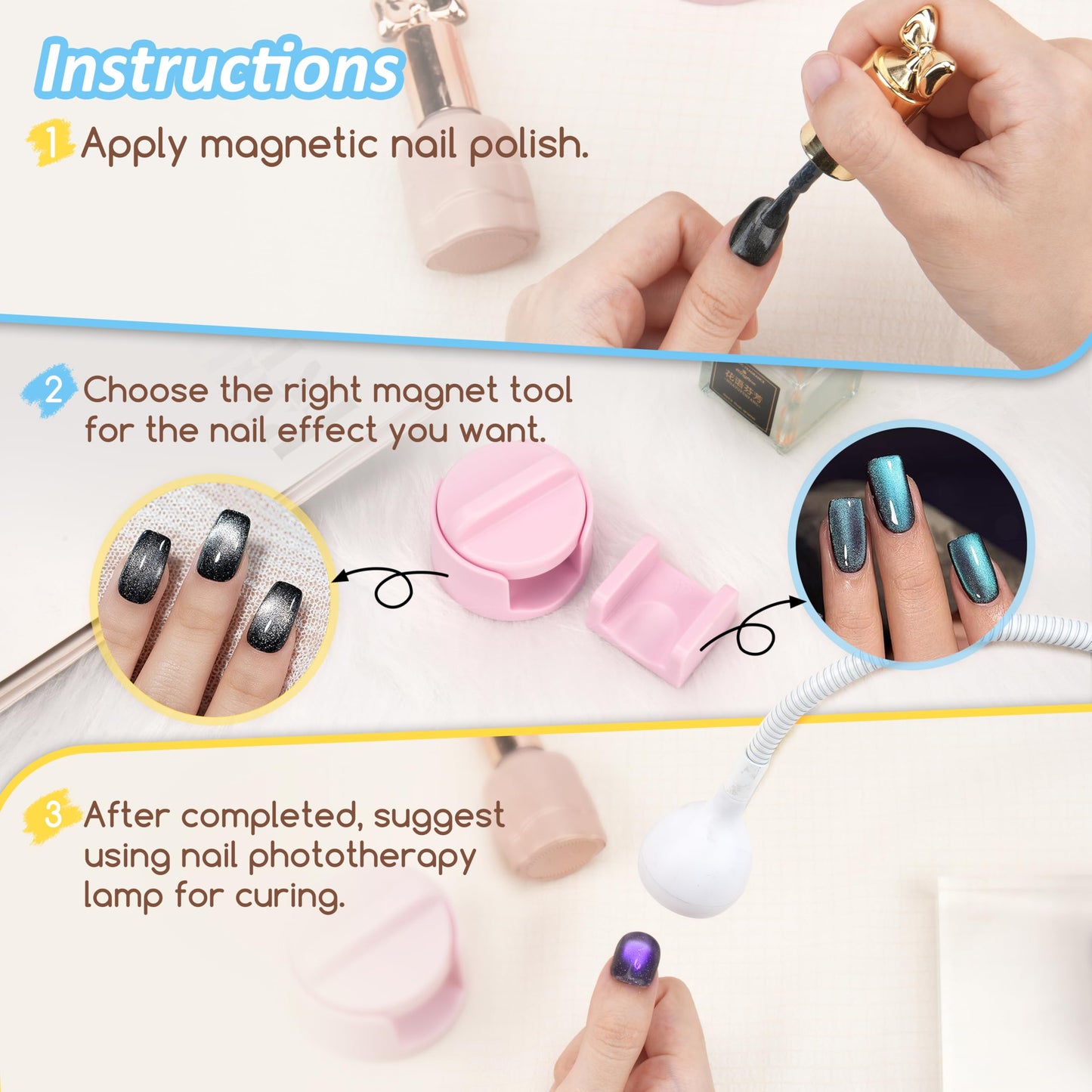 360° Rotating Glass Bead Nail Magnet Tool with U-Shaped Magnet for Velvet Nail, Compatible with Magnetic Nail Polish, DIY Nail Art Accessories, Strong Magnet for Home DIY&Salons, Set of 2