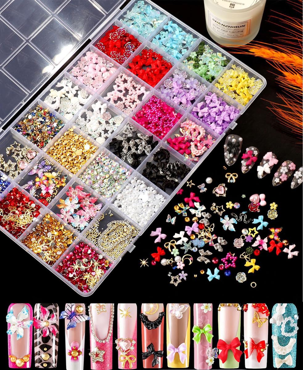 28 Grids Nail Art Decorations Set - 3D Flower Butterfly Bow Star Heart Charms, Rhinestones Gems Pearls, Mixed Metal Nail Jewelry for Acrylic Nails, DIY Manicure Accessories Kit for Women & Girls