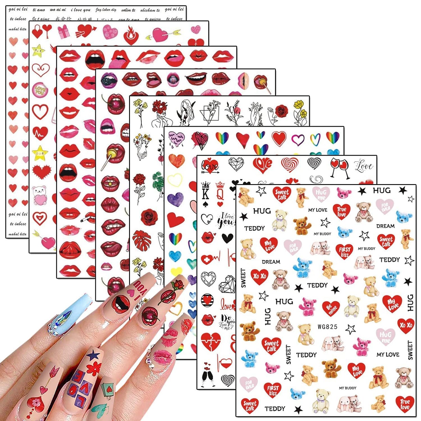8 Sheets Valentine's Day Nail Art Stickers with 8 Sheets Heart Nail Art Stickers