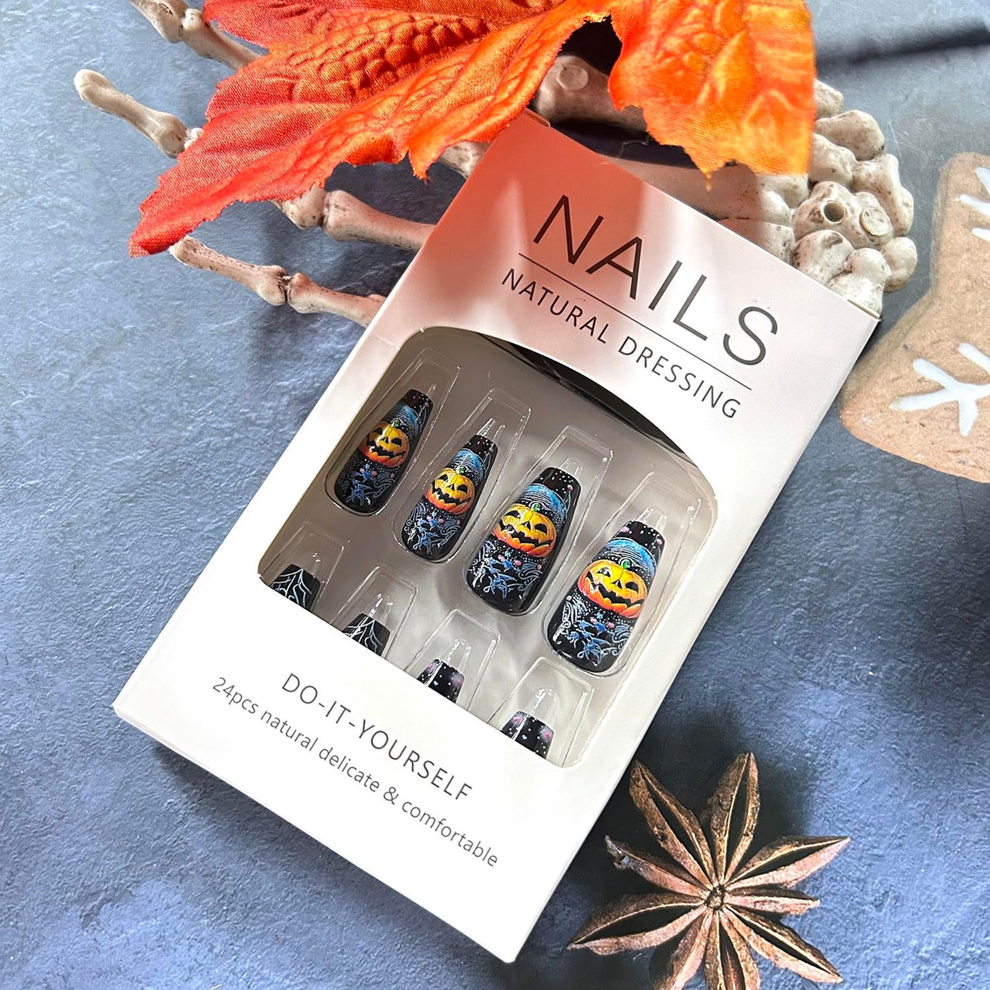 24Pcs Halloween Press on Nails Long Ballet Shaped Horror Skull False Nail Full Cover Artificial Acrylic Fingernails Pumpkin Flower Design Halloween Nail Festival Glue on Nails for Women Supplies