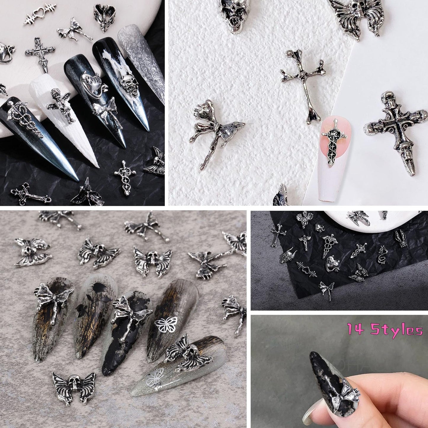 130pcs 3D Silver Goth Nail Charms Y2K Chrome Nails Art & DIY Punk Bracelet Accessories, Vintage Alloy Cross Butterfly Heart Skull Acrylic Charm for Women Nails, Metal Necklace Supplies